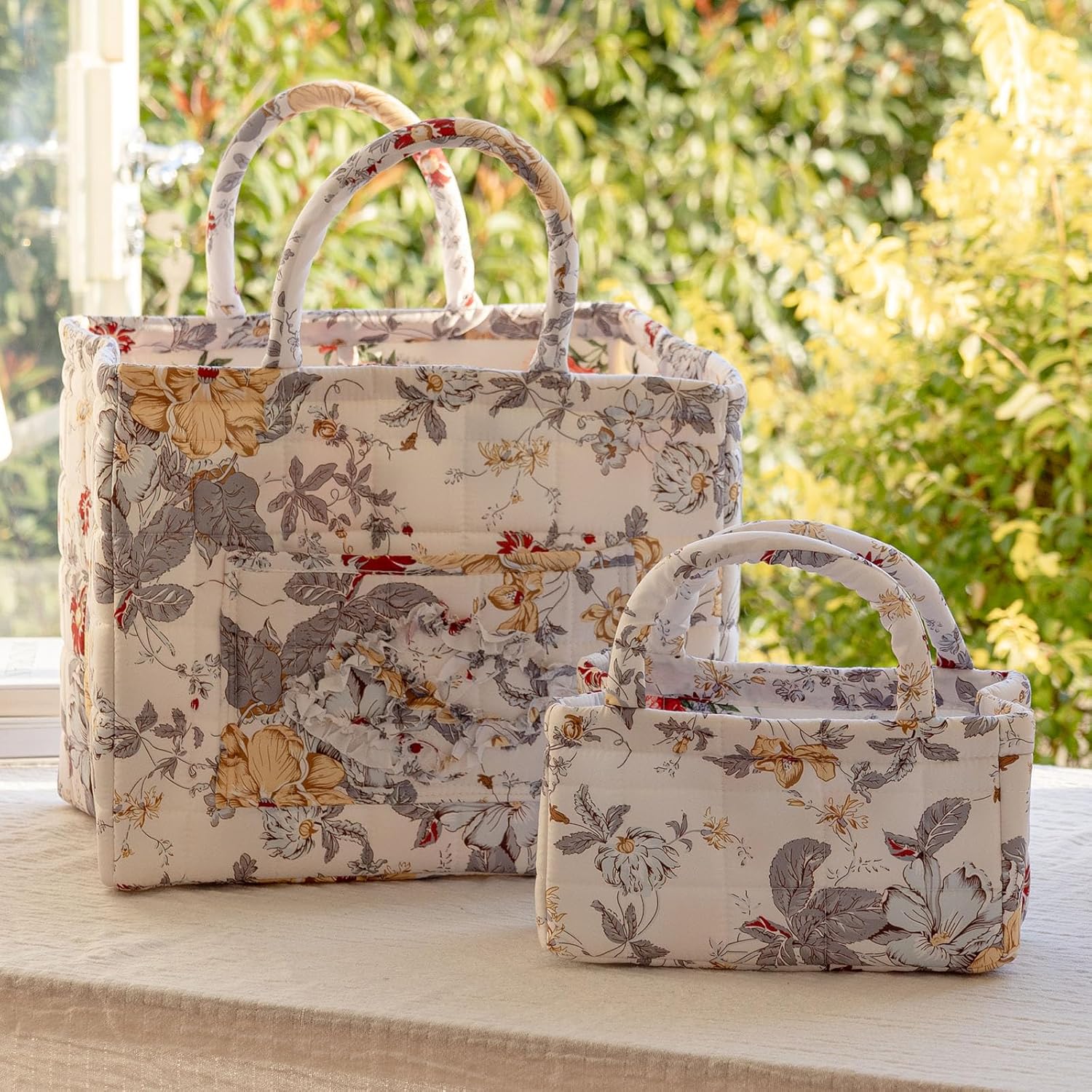 vctops 2 Packs Boho Cotton Quilted Storage Baskets for Organizing, Spring Floral Basket Organizer Gift Basket with Handles, Storage Bins for Books, Towels, and Clothes (Pattern G)