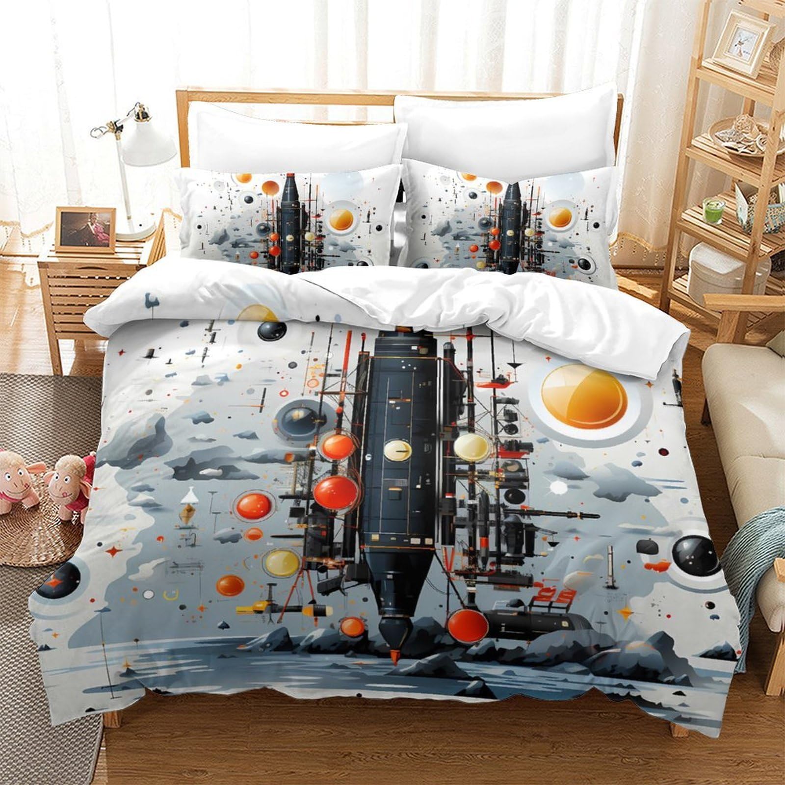 Linge de lit fusée futuriste 3D de qualité supérieure en pur coton doux avec taies d'oreillers
