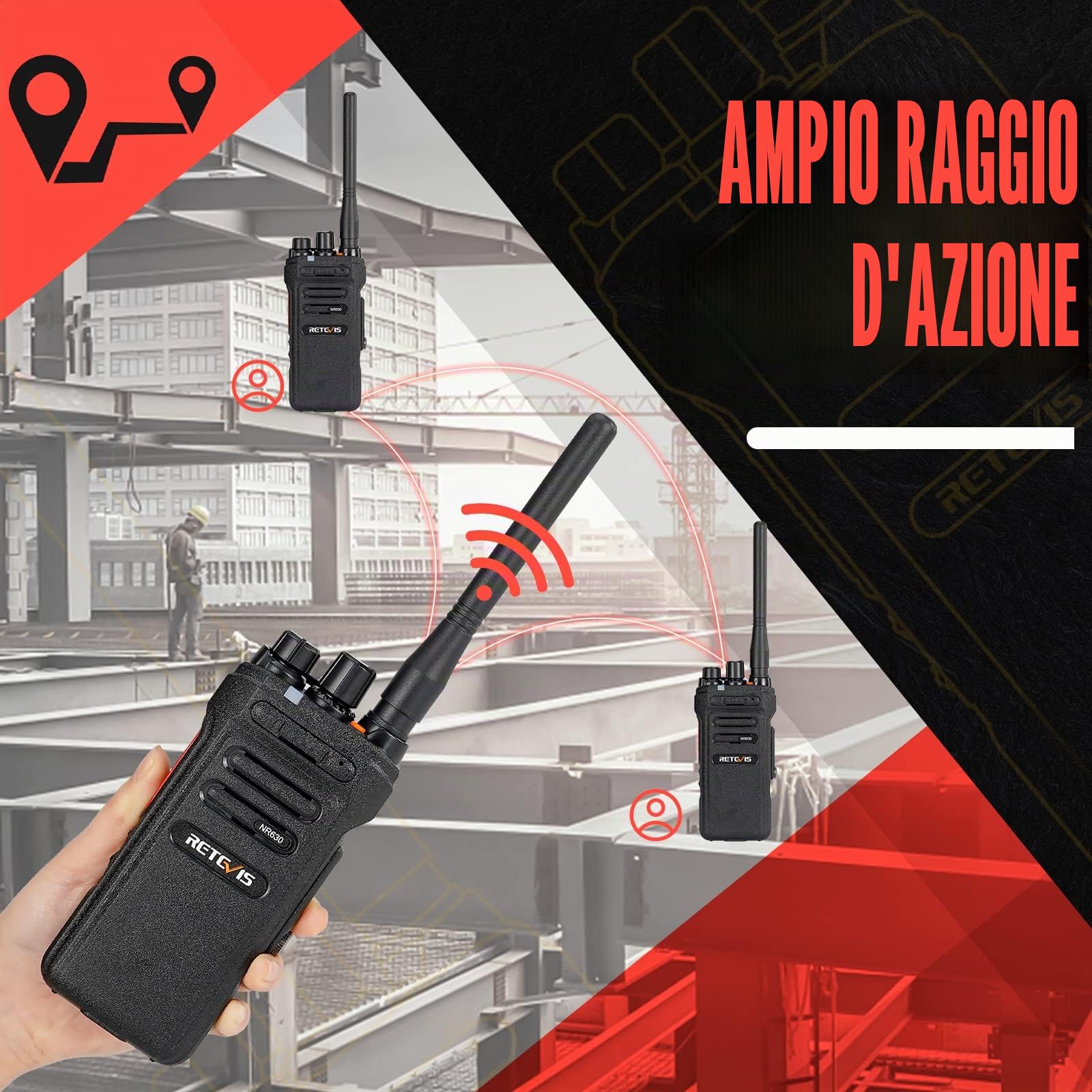 Retevis NR630 Walkie Talkie, Radio Ricetrasmittenti Impermeabile IP67, Lungo Raggio, Chiamata di Gruppo, 2800 mAh Ricaricabile Walkie Talkie per Adulti per Cantiere, Appaltatore (Nero, 3 Pezzi)