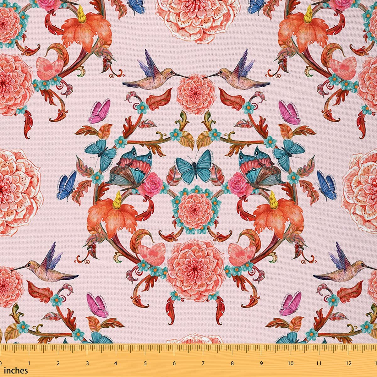 Colorful Flowers Fabric by The Yard Watercolor Wild Butterfly Birds Outdoor Floral Fabric for Craft Art Lovers Retro Rustic Garden Style Fabric for Bed Outdoor Indoor DIY Projects 1 Yard