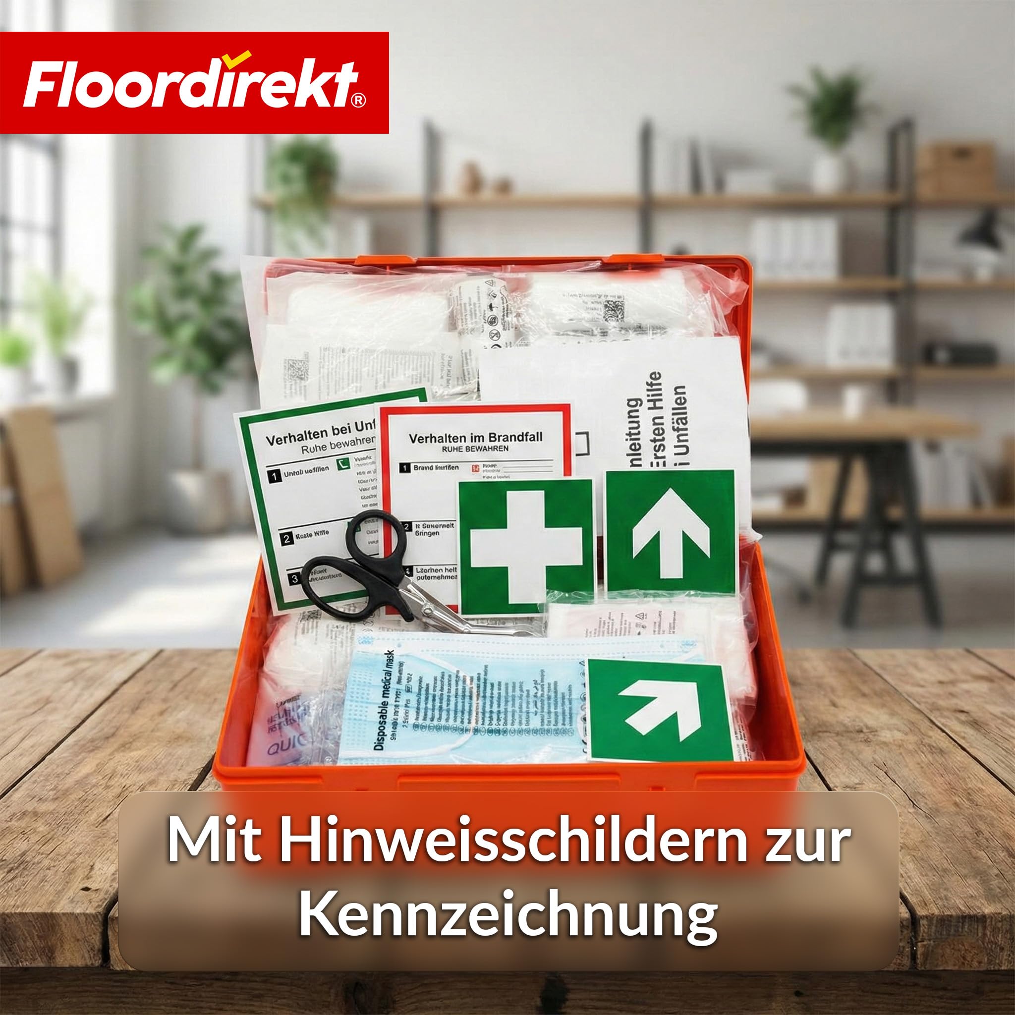 Floordirekt Erste Hilfe Kasten - DIN 13157:2021 - inkl. Wandhalterung, 5x Aufkleber & Plombe - Verbandskasten Betrieb - Erste Hilfe Koffer für Betrieb - Büro & Zuhause (Erste Hilfe Set)