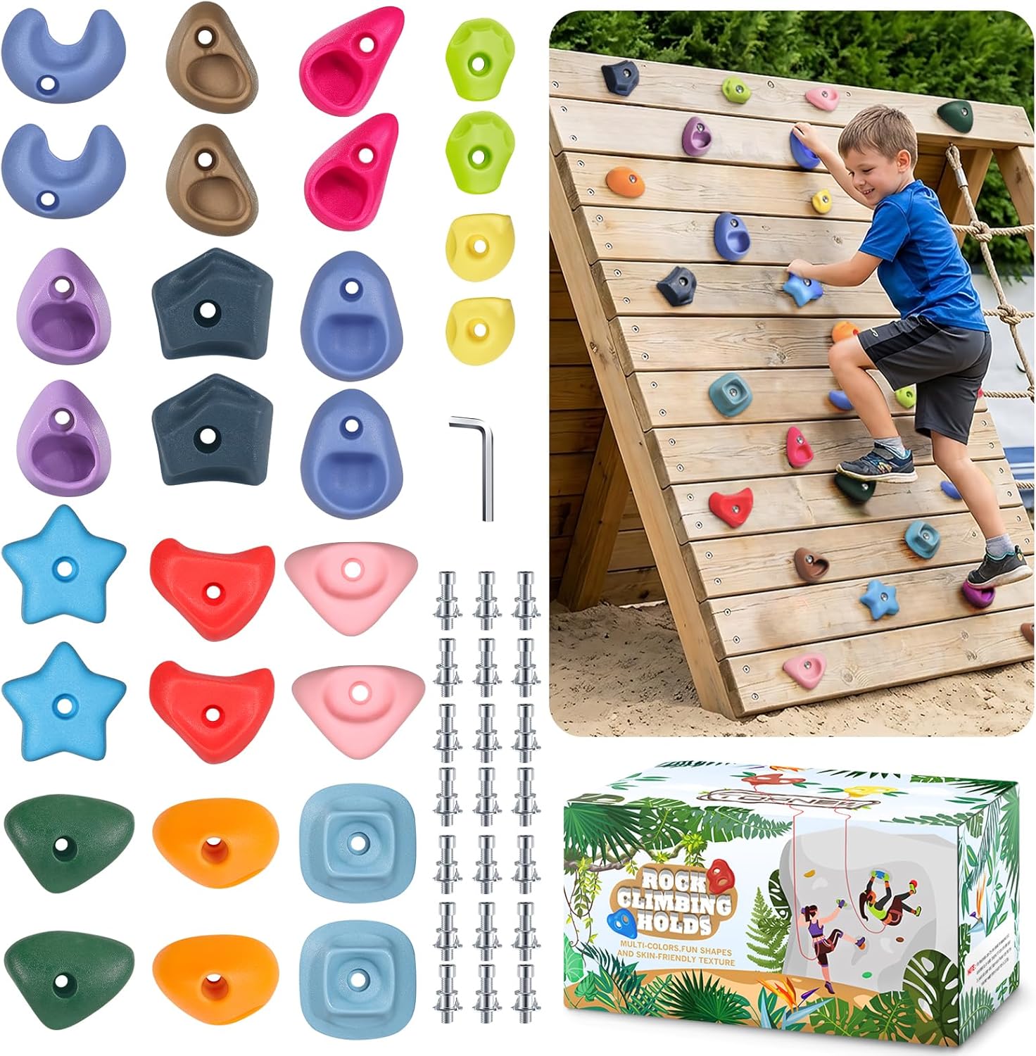 28PCS Kids Climbing Holds – Toddler Rock Climbing Toy Set with Hardware for Indoor/Outdoor Climbing Walls
