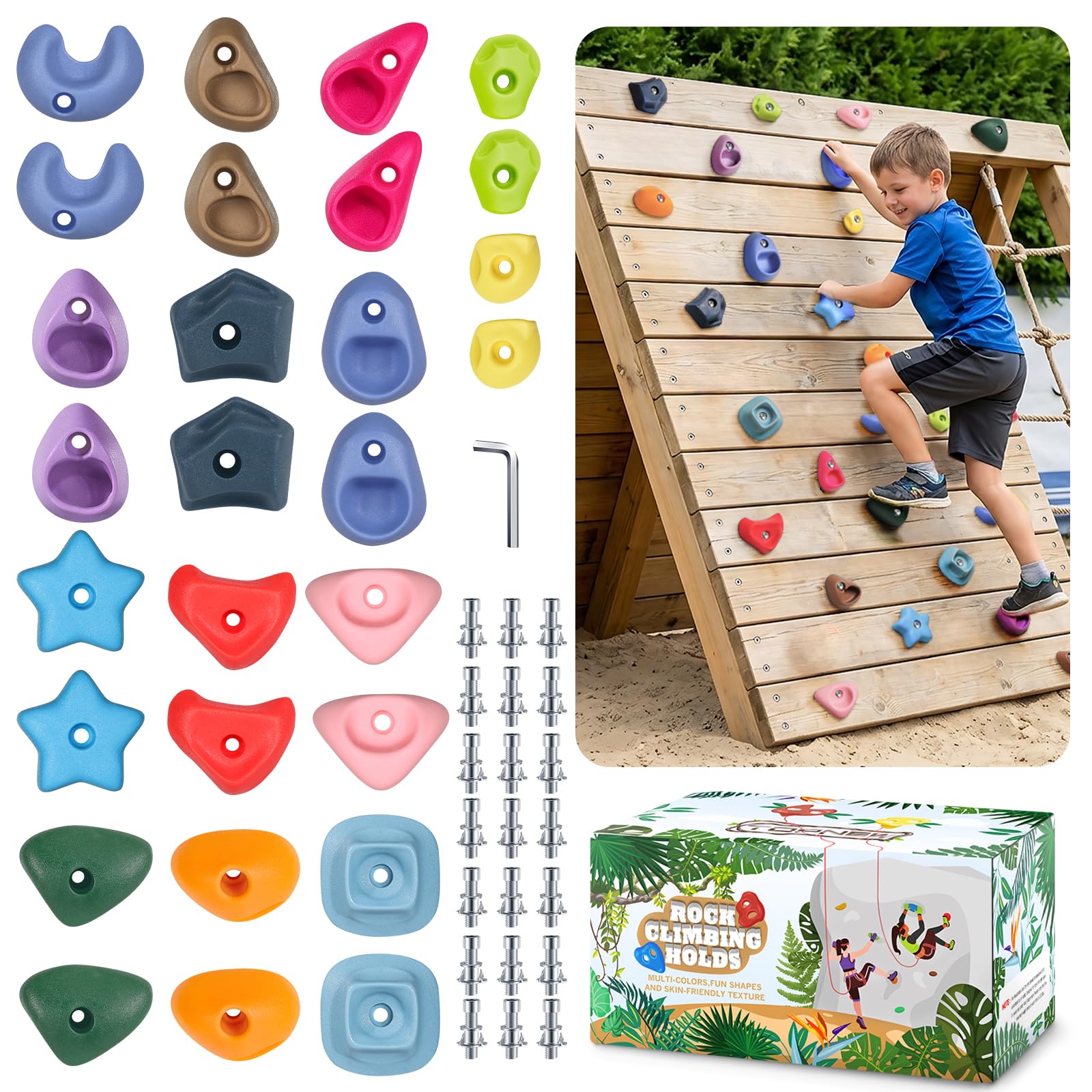 TOPNEW Climbing Holds for Kids, Rock Wall Holds with Hardware - Climbing Rocks for Indoor Outdoor Playground Climbing Wall (28 Pcs)