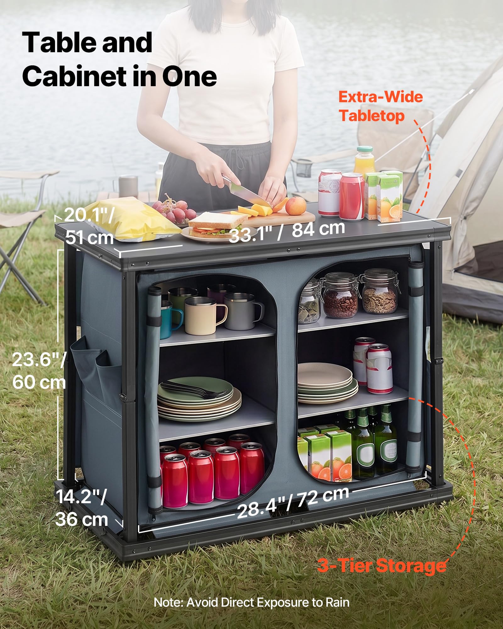 VEVOR Klappbare Campingküche, Tragbarer Campingschrank mit 6 Ablagefächern, Außentasche & MDF-Tischplatte bis 30 kg Tragkraft, Küchenstation für Picknick, Grillen, Partys, Camping & Wohnmobilreisen
