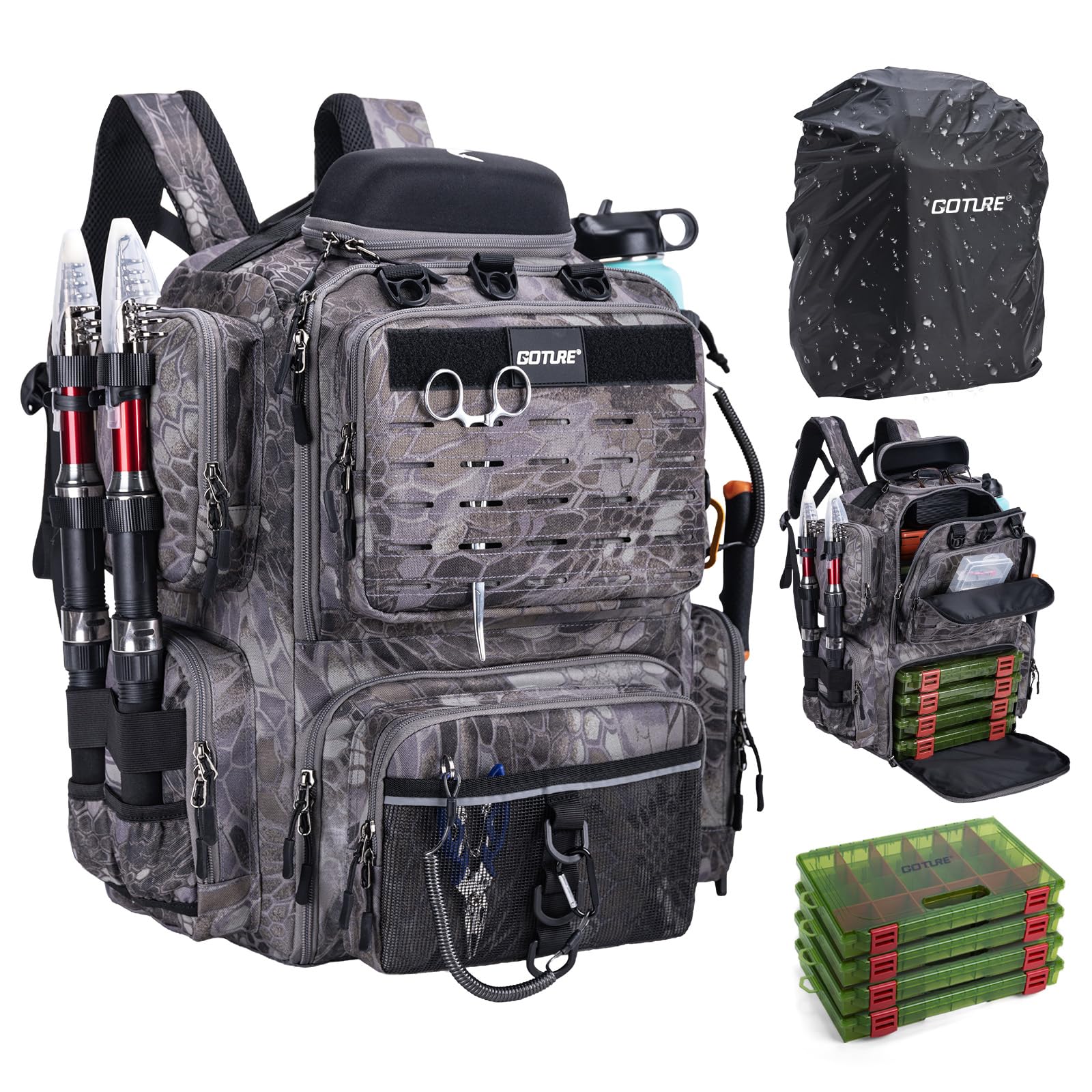Goture Sac de pêche 45 L Tissu Oxford 900D Dos Souple résistant à l'eau avec Porte-Cannes et Housse de Pluie