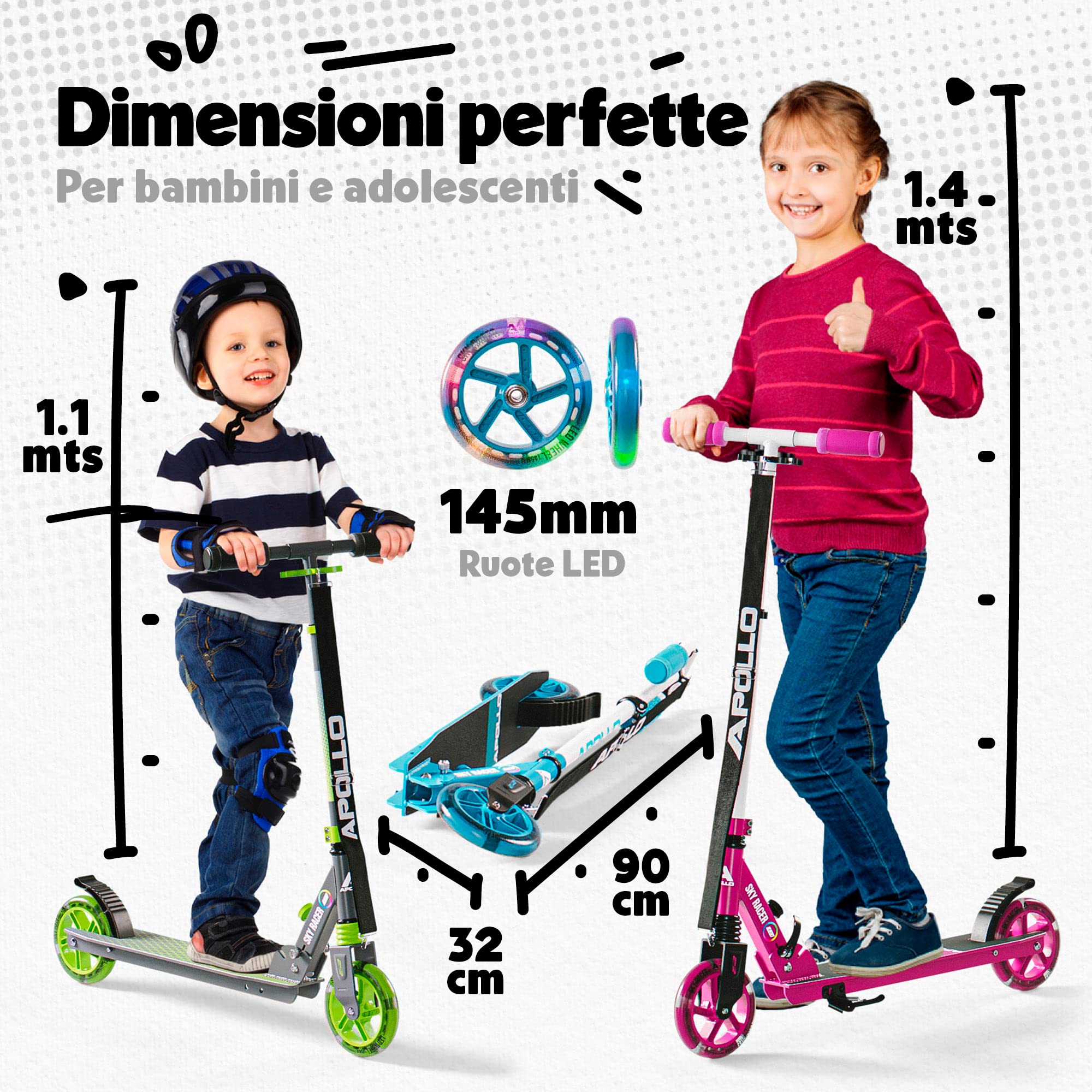 Apollo Skyracer | Monopattino con Ruote a LED da 145 mm | Monopattino da cittá pieghevole e con altezza regolabile | Monopattino bambino e bambina 6 anni in su