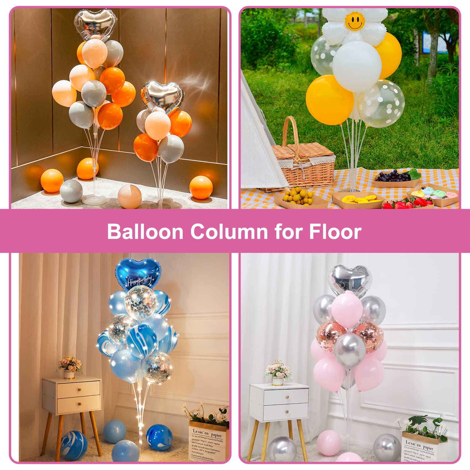 RUBFAC 2 Set 62in Balloon Column Stand Kit with Colorful Balloons, Base ...
