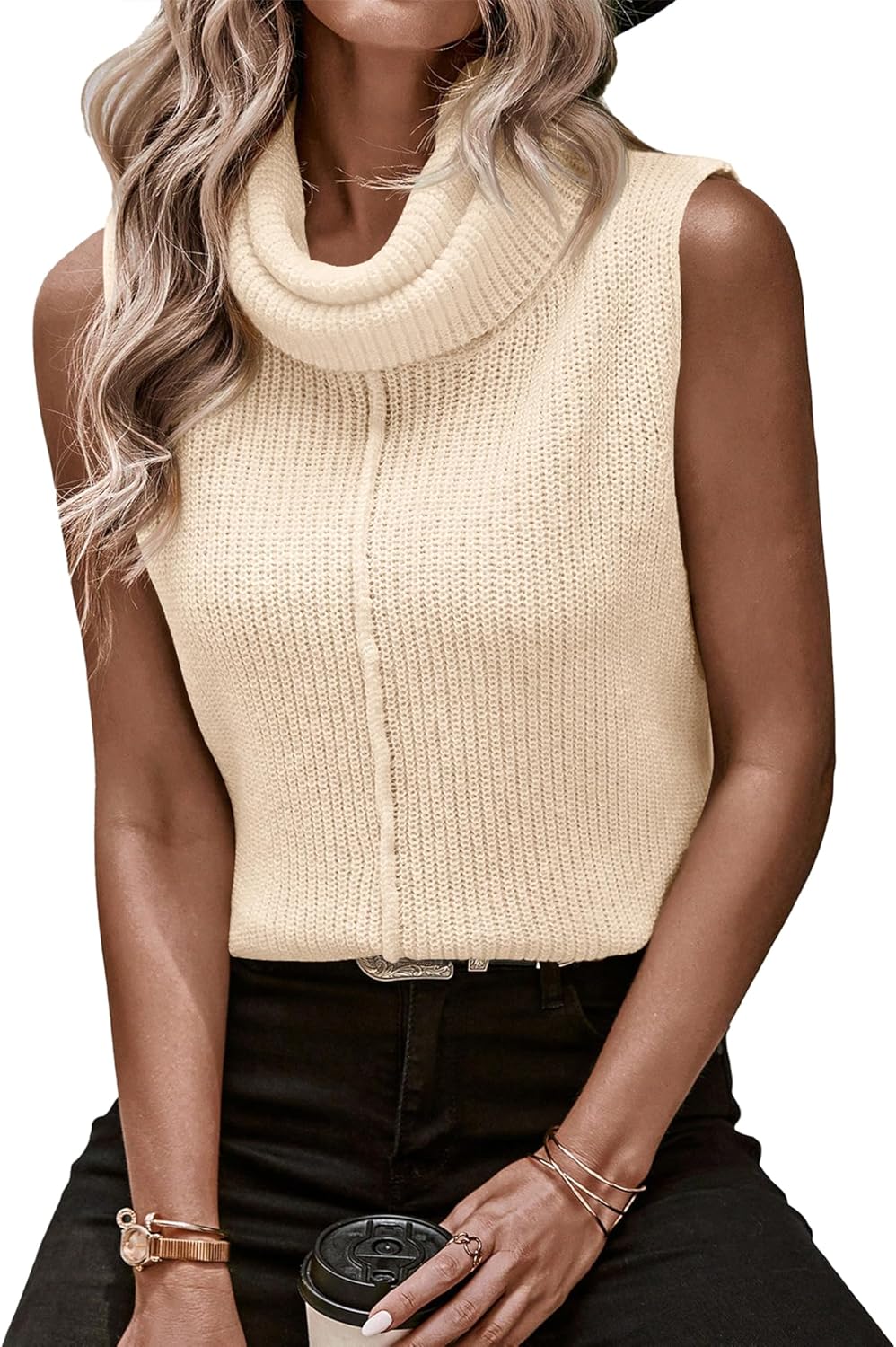 Amarmia Womens Cowl Neck Knit Sweater Vest Sleeveless Casual Solid Trendy Turtleneck Ribbed Pullover Tank Tops - Image 2
