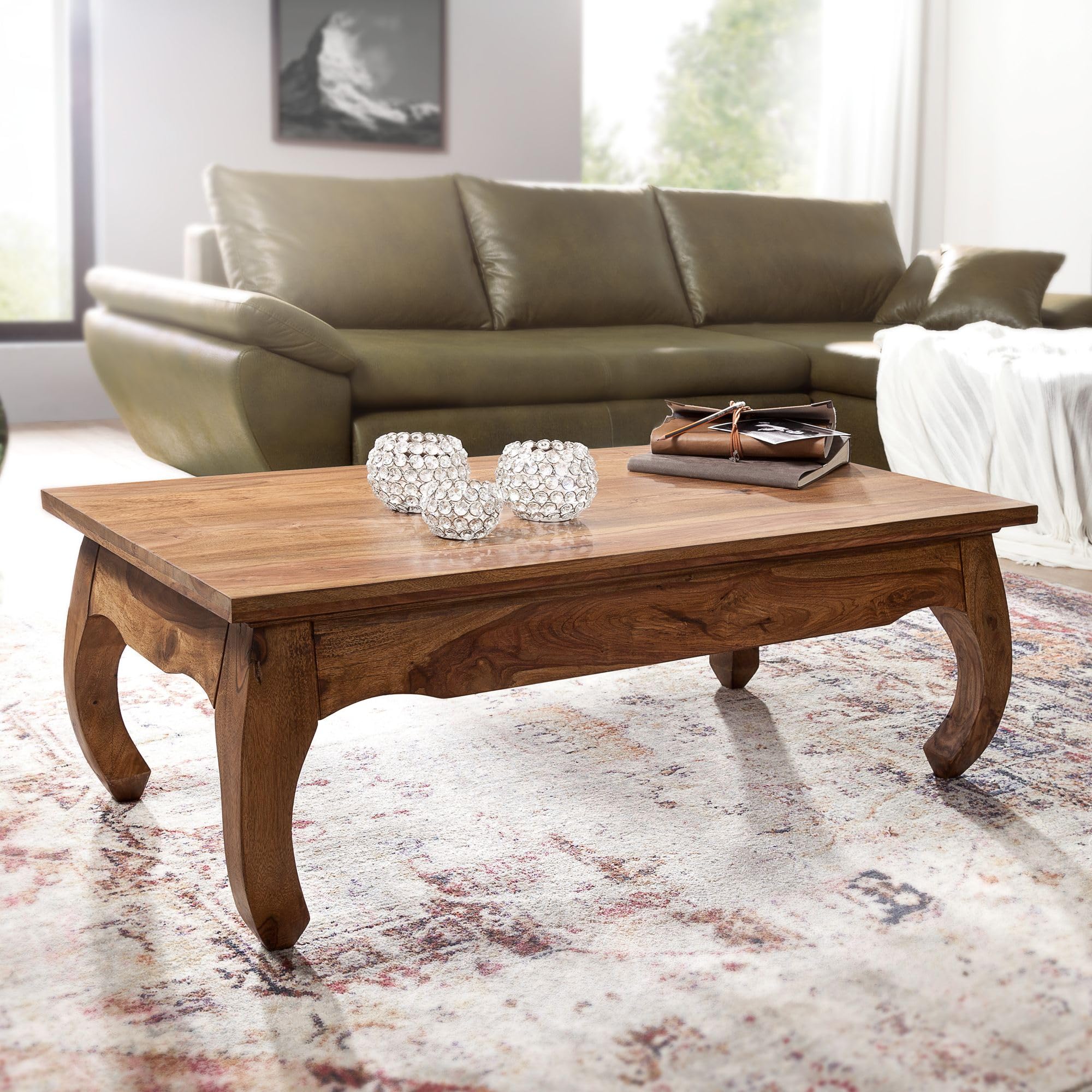 FineBuy Mesa de Centro Oriental Rectangular 110x60x40 cm Madera Maciza de Sheesham | Mesa Auxiliar para Salón | Mesita Café para Sofá | mesa de salón con patas curvadas, punta de sofá de madera auténtica estilo campaña, pieza única hecha a mano
