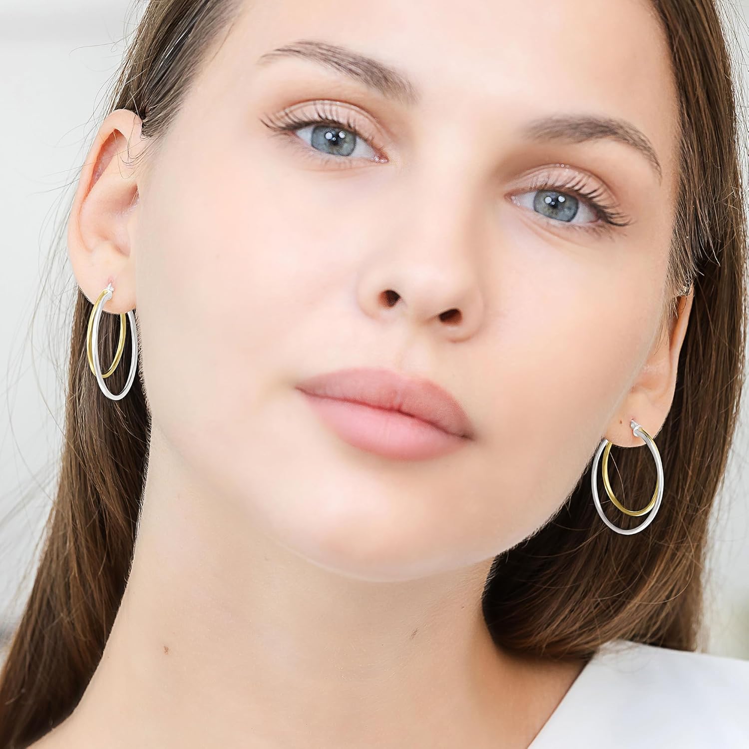 Hoops & Loops 925 Sterling Silver Double Circle Hoop Earrings for Women - 30mm Layered Stacked Circle Round-Tube Click-Top Hoops, Two-Tone 14K Yellow Gold, Rose Gold Flash Plated, Black - Image 4