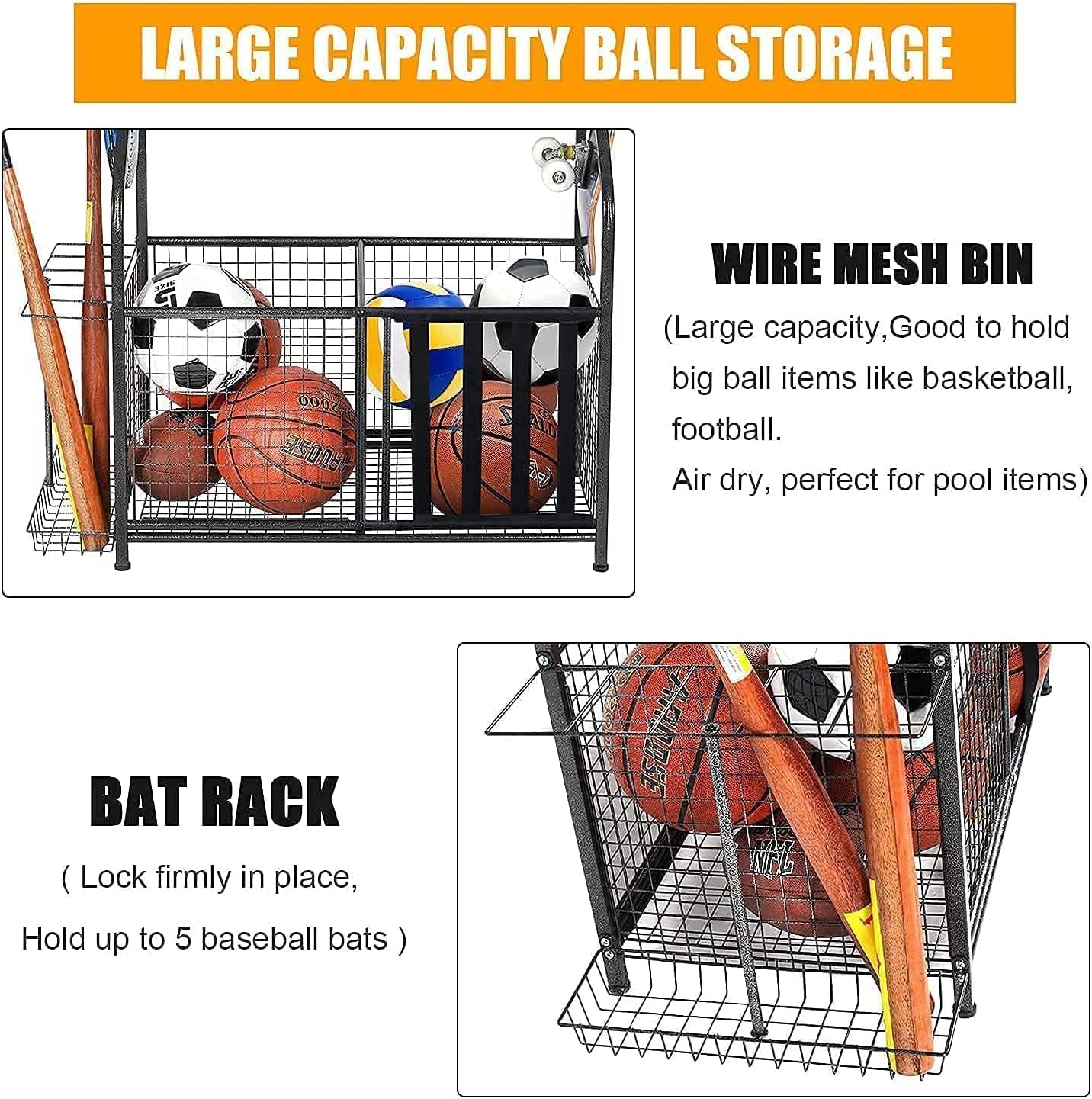 PLKOW Sports Equipment Storage Rack, Ball Storage Garage Organizer, Garage Wall Shelving 1 Pack Includes Bike Hooks