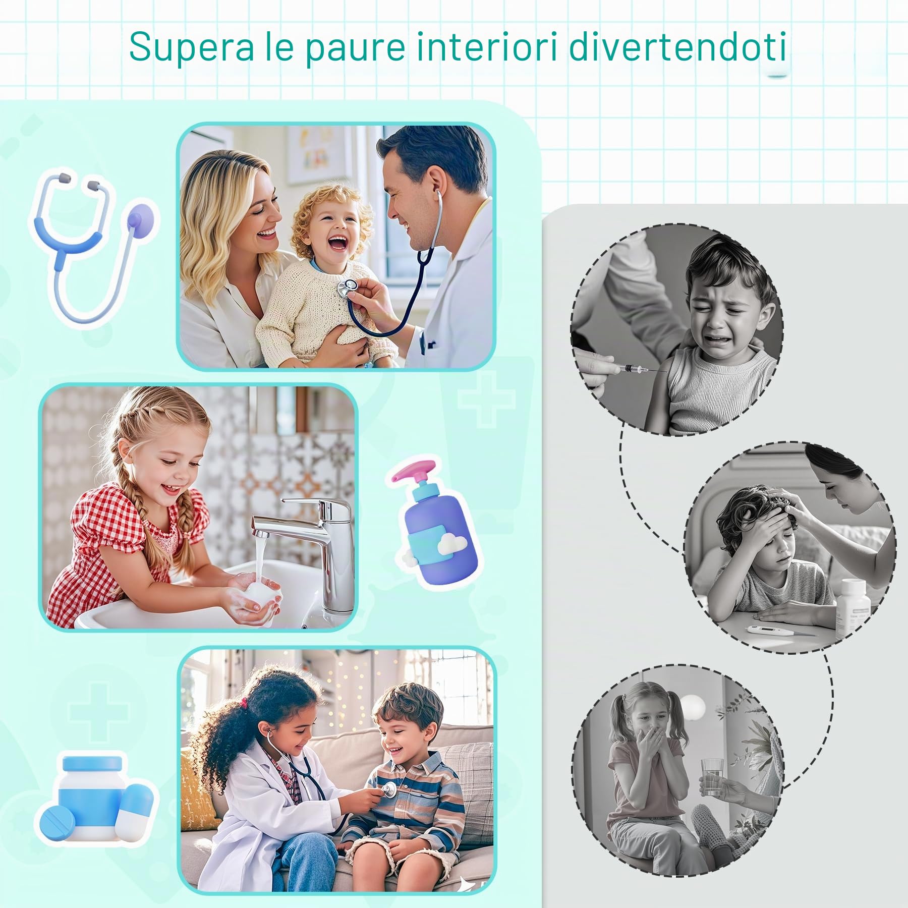 Valigetta Dottore Bambini con Vero Stetoscopio e Camice - 32 Pezzi Gioco di Ruolo Educativo per Bambini 3 4 5 6 7 8 9 10 Anni Regalo Perfetto