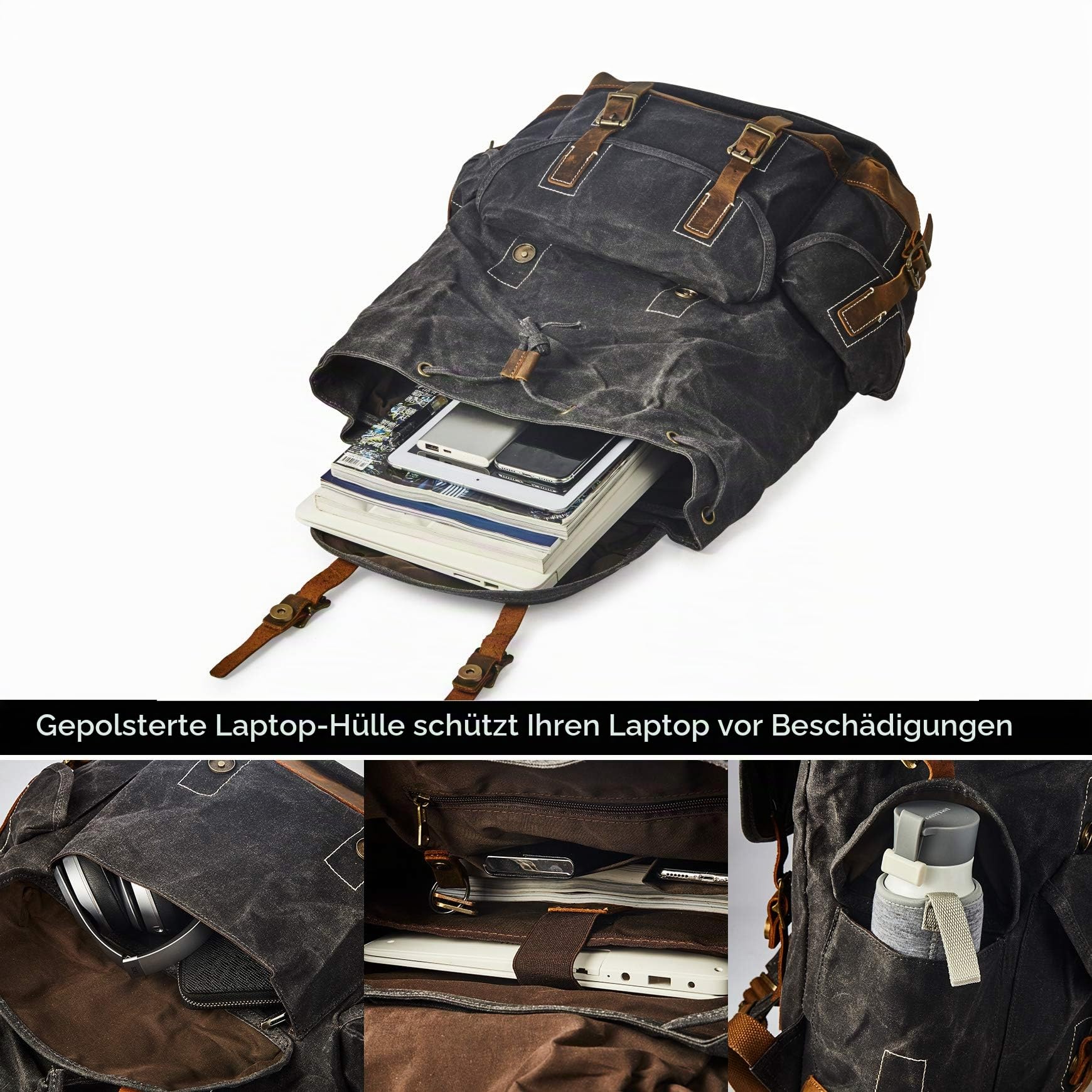 Leinen jagdrucksack,Leder lederrucksack herren,15.6 Zoll Laptop Alltag Wasserdicht rücksack für Herren Damen,Casual Business Sport Wanderrucksack