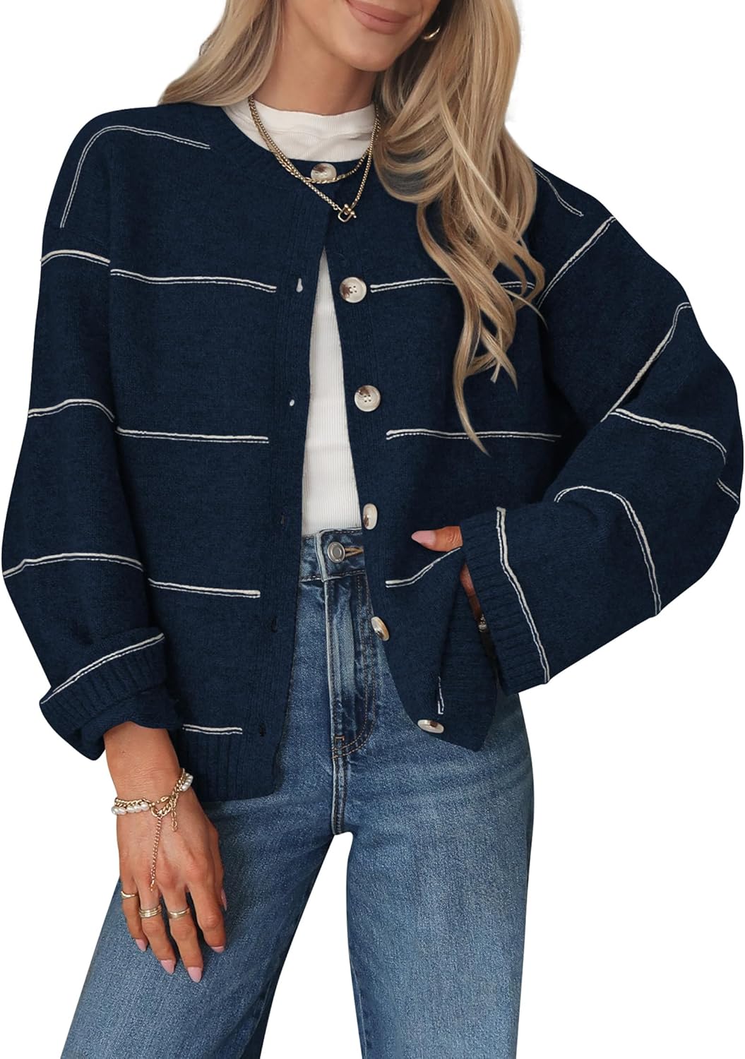 Balimtoy Striped Cardigan Sweaters for Women Trendy Long Sleeve Crewneck Button Up Sweater Fall Winter Outerwear