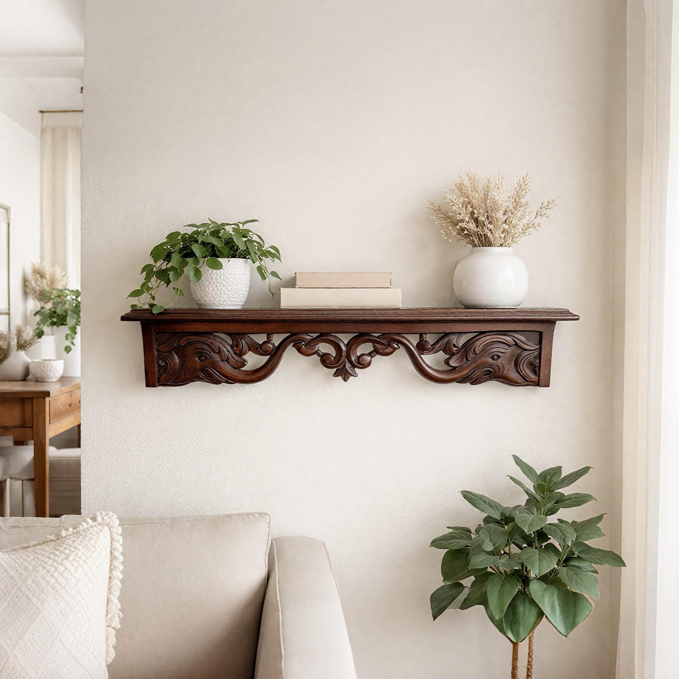 WOODSOME™ Handcrafted Wooden Wall Bracket Shelf | Decorative Solid Wood Wall Mount Shelf for Living Room, Bedroom, Mandir & Office | Vintage Carved Design | 24 x 5 x 4.5 Inches