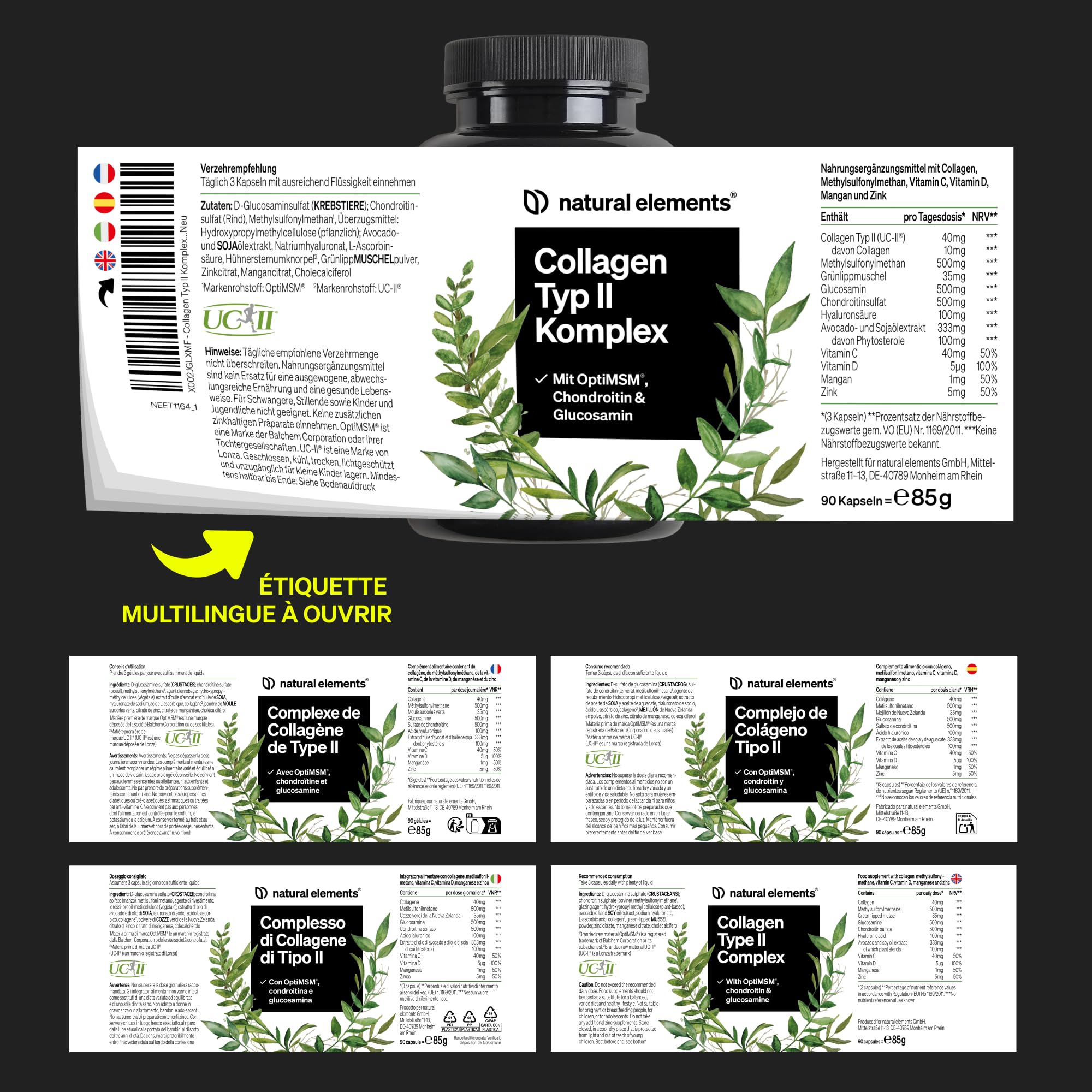 Complexe de Collagène Type 2 UC-II® avec OptiMSM® - Pour les Os, les Articulations & le Cartilage - avec Vitamines C, D & Zinc - Collagène Naturel Non Dénaturé - Sans Additifs & Testé en Laboratoire