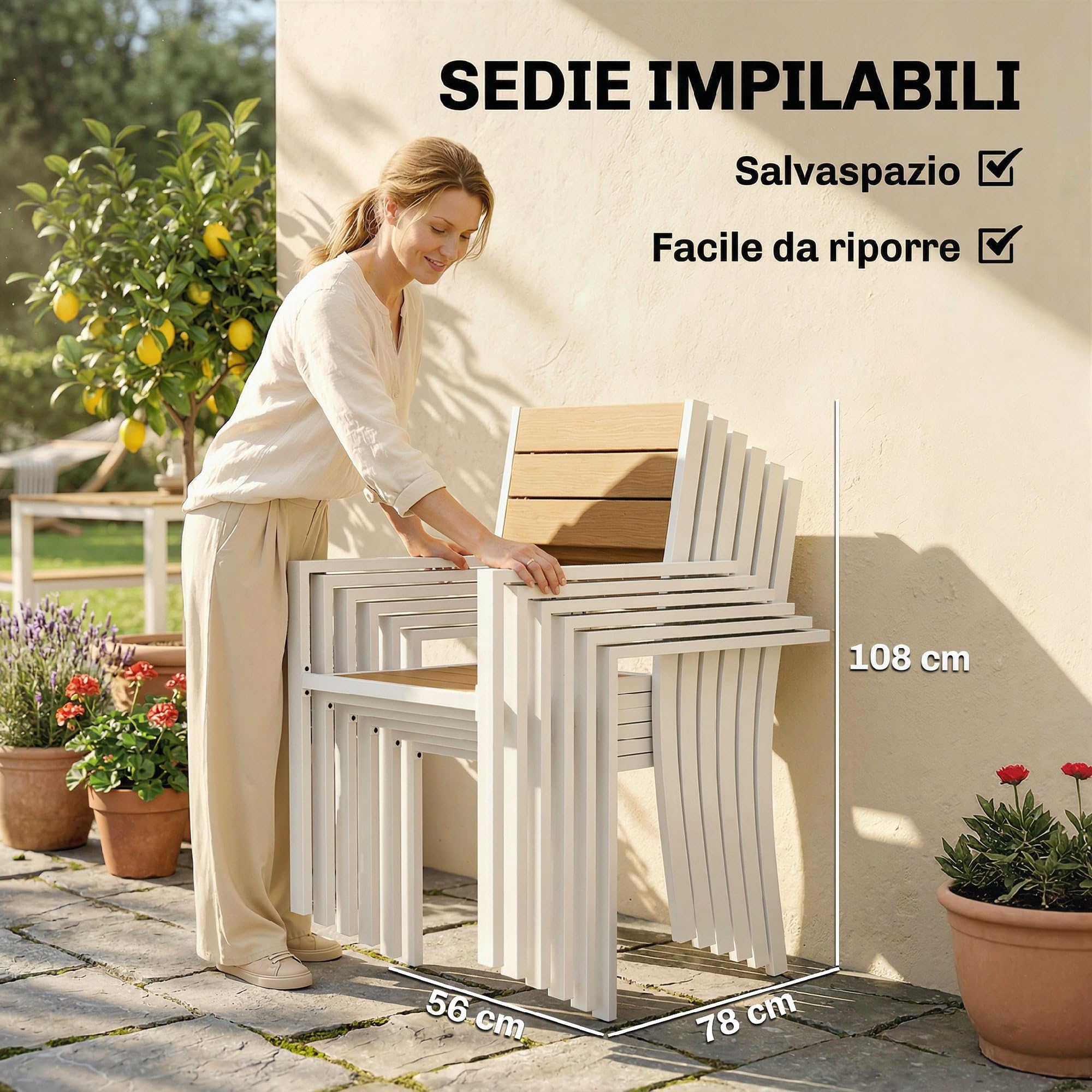 Outsunny Set Tavolo e Sedie da Giardino 7 Pezzi, Alluminio, 6 Sedie Impilabili, Tavolo Effetto Legno, Teak