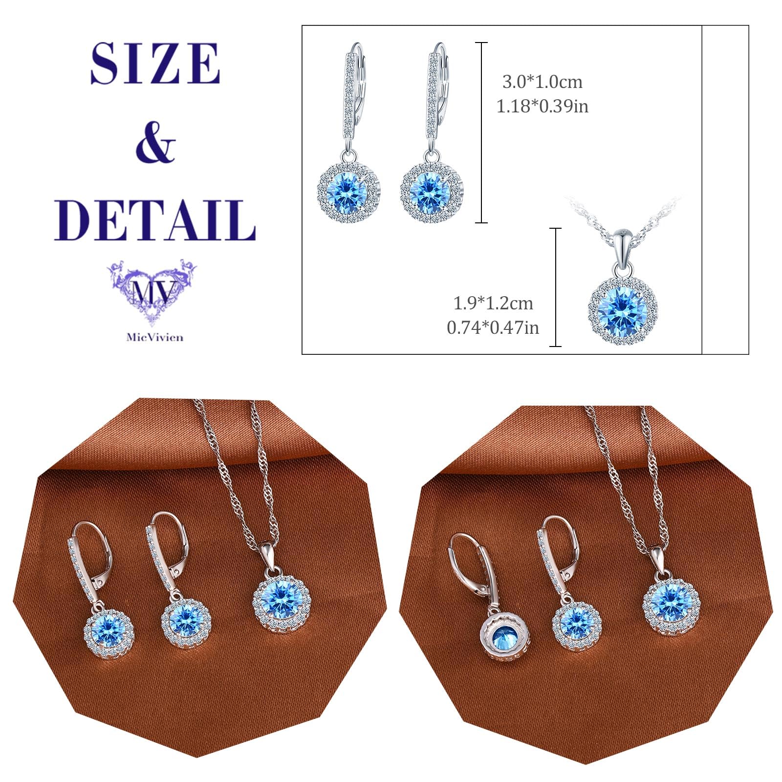 Set di collana e orecchini da donna con zirconi rotondi in argento 925, colore blu