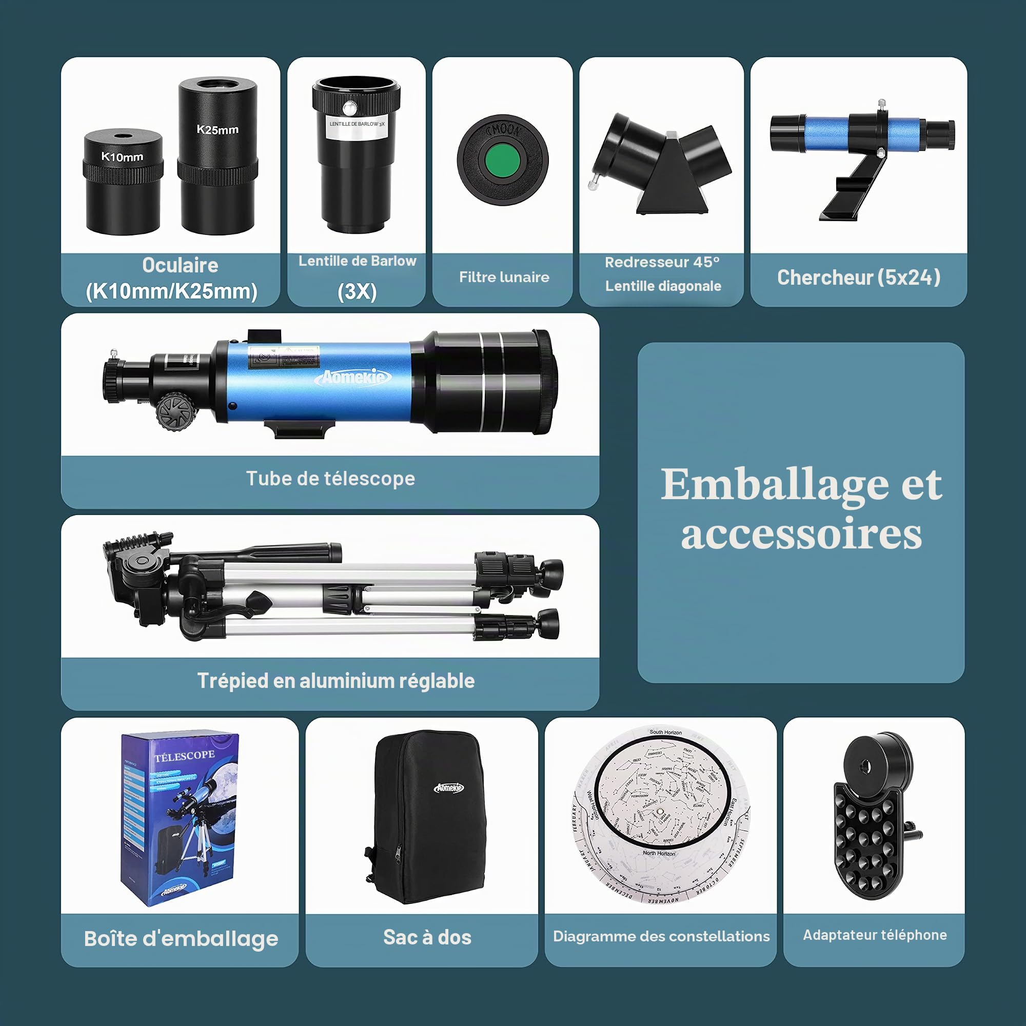 Aomekie Télescope Astronomique Adulte 400/70mm Lunette Astronomique Réfracteur avec Adaptateur de Téléphone Trépied Ajustable et Chercheur pour Débutants (40070 avec Sac)