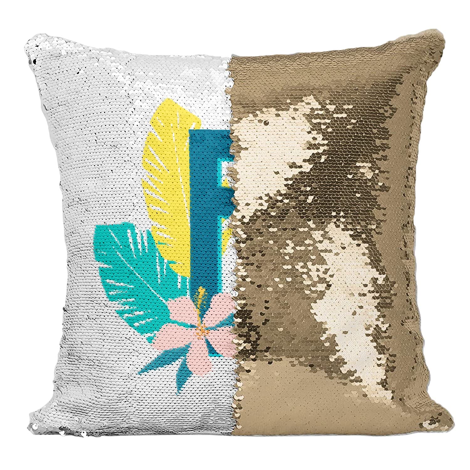 Coussin sequin doré avec prénom personnalisé Eva Emma Emilie et motif fleurs tropicales