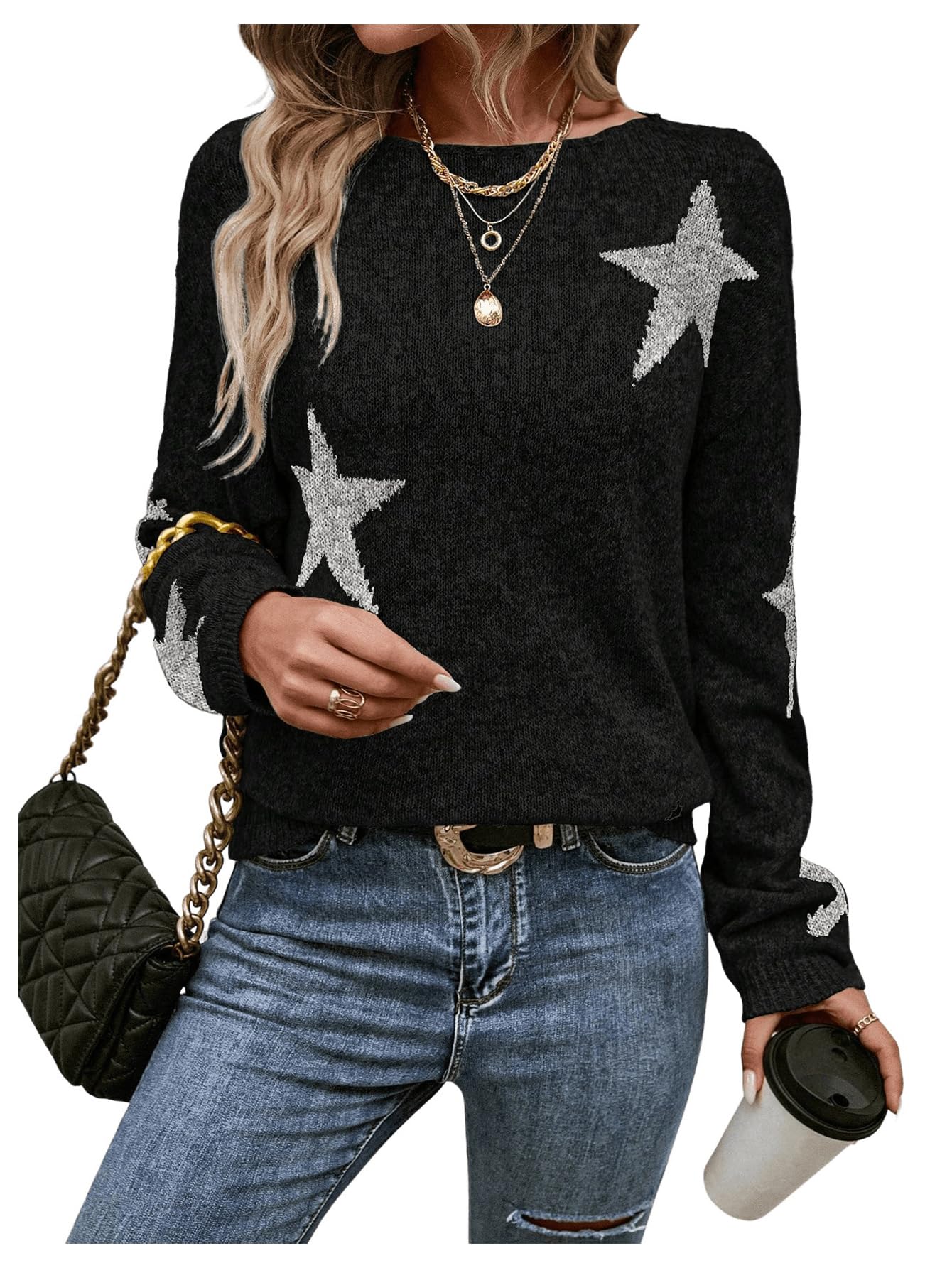 MakeMeChic Womens Star Print Boat Neck Sweater Long Sleeve Lightweight Pullover Top
