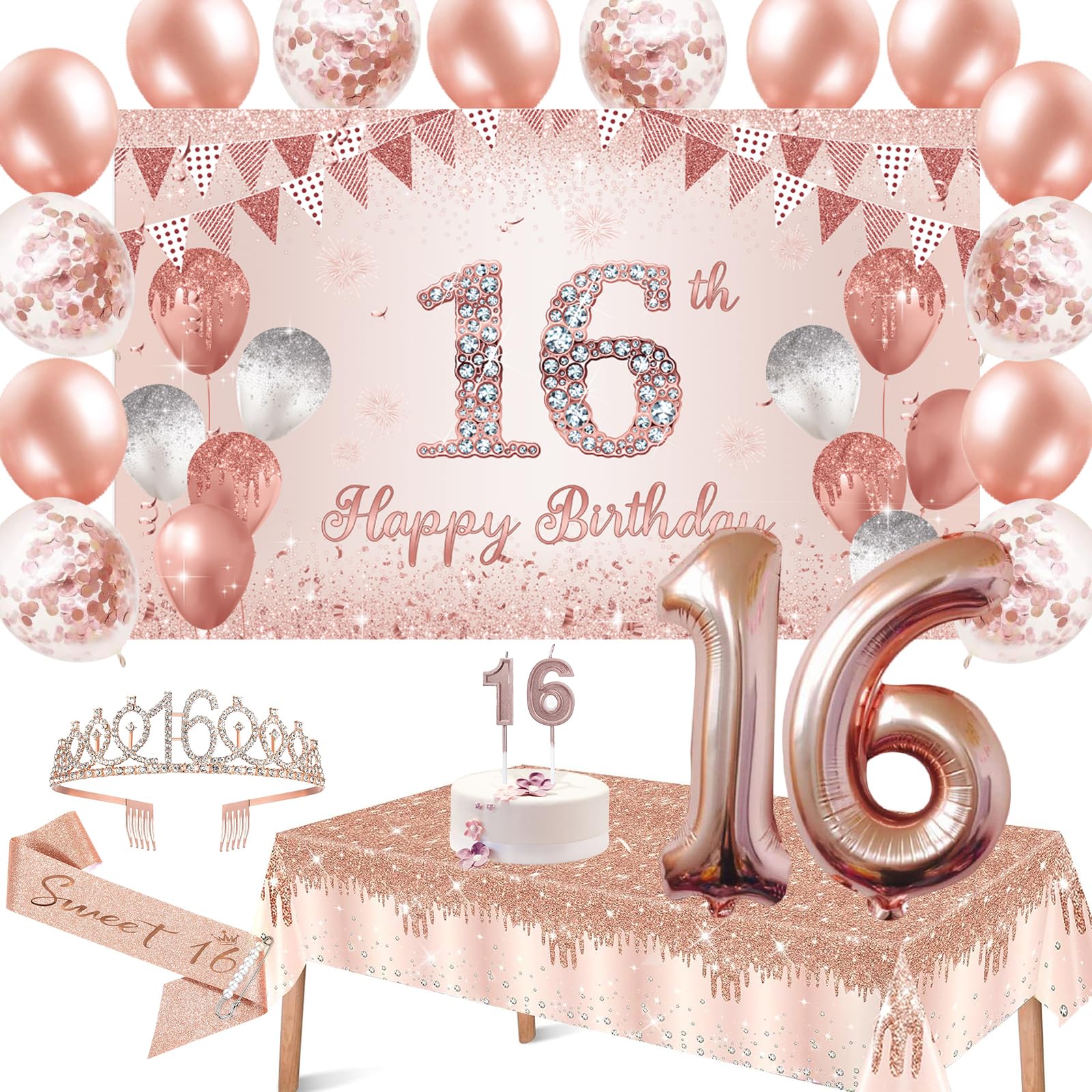 BRT Bearingshui Sweet 16th Birthday Sash Tiara Backdrop Decorations Supplies Rose Gold, 16 Balloons, 16th Birthday Candle with Tablecloth