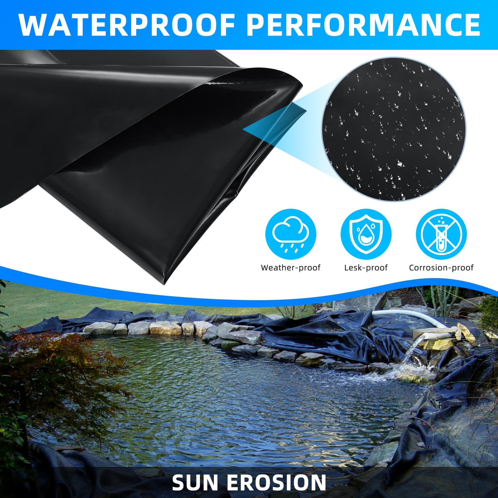 Bâche d'étang - 6 x 6 m - Épaisseur : 0,5 mm - Noir - En polyéthylène haute densité - Pour bassin à poissons, fontaine, jardin aquatique, cascade - Pour bassin de jardin