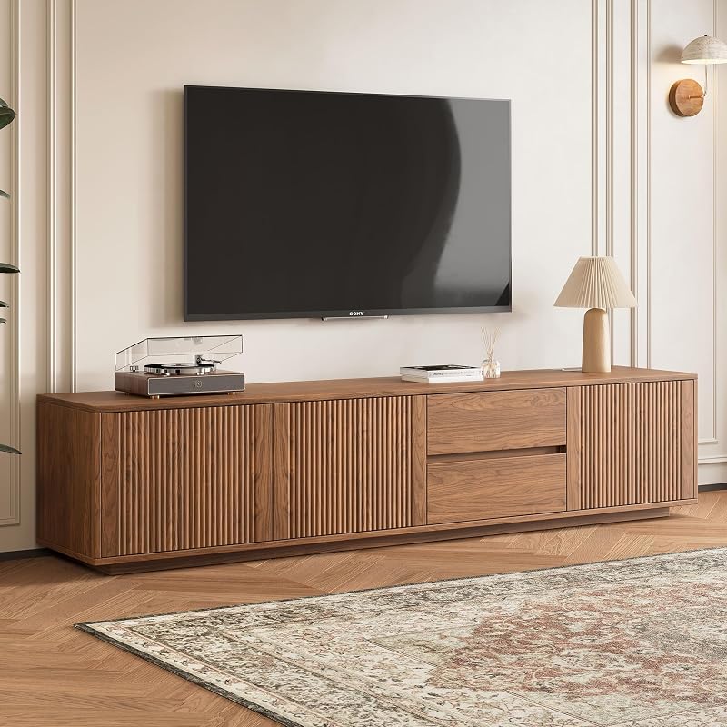 79" Mid Century Modern TV Stand for Living Room, Fluted Walnut TV Console