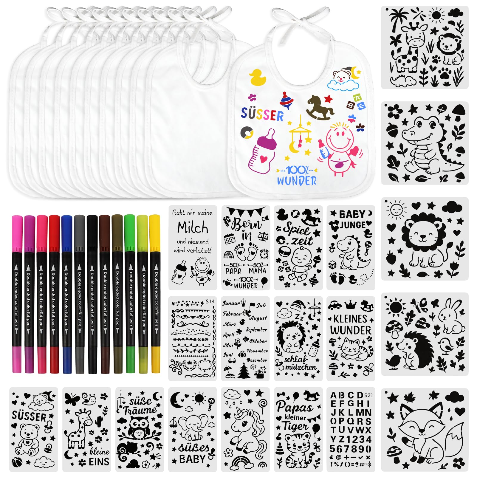 TUZELIYA 15 Stück Lätzchen Baby, Aus Baumwolle Doppelseitig mit 12pcs Farbigem Textilstift 20pcs Malen Schablonen, Babyparty Deko Spiele Wasserdicht Lätzchen für Babys Junge Mädchen