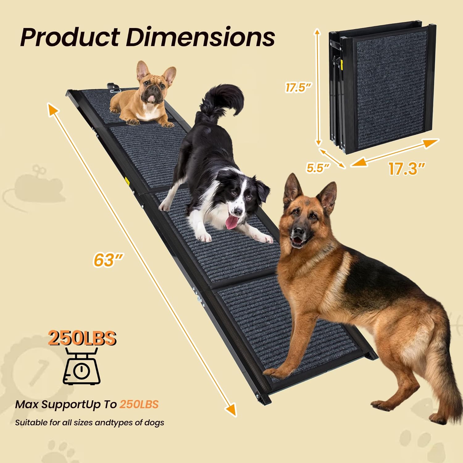 Dog Ramp for Car 63" Long & 17.3" Wide, Quad-Fold Portable Pet Ramp with High-Traction Rug Surface, Dog Car Ramp for Truck & SUV, Lightweight Steel Frame, Ideal for Large Senior Dogs Up to 250 LBS