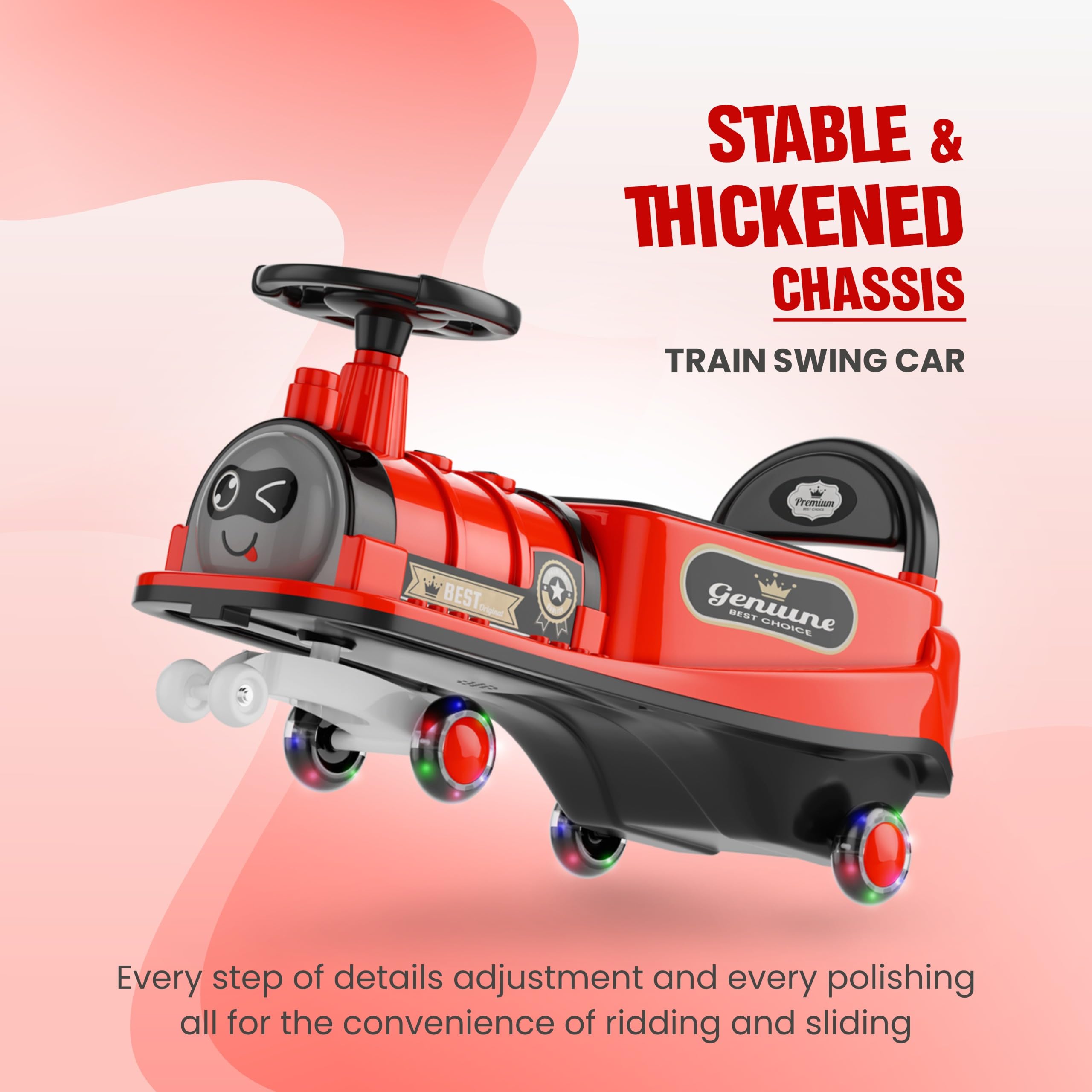 kidsROAR Panda Car for Kids Train Shape - Push Car Magic Swing Fun Musical Rider with Lighting Silicone Wheels, Music, and Lights - Perfect for Ages 1 to 5 Years & Up | 100kg Capacity 8188(RED) - Image 3 thumbnail