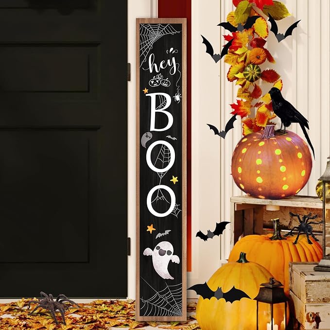 Halloween Welcome Sign for Front Porch Standing, BOO Wooden Porch Sign for Door Decorations, Farmhouse Hanging Wall Sign for Halloween Happy Outdoor Garden Decor 47.2"H - Black