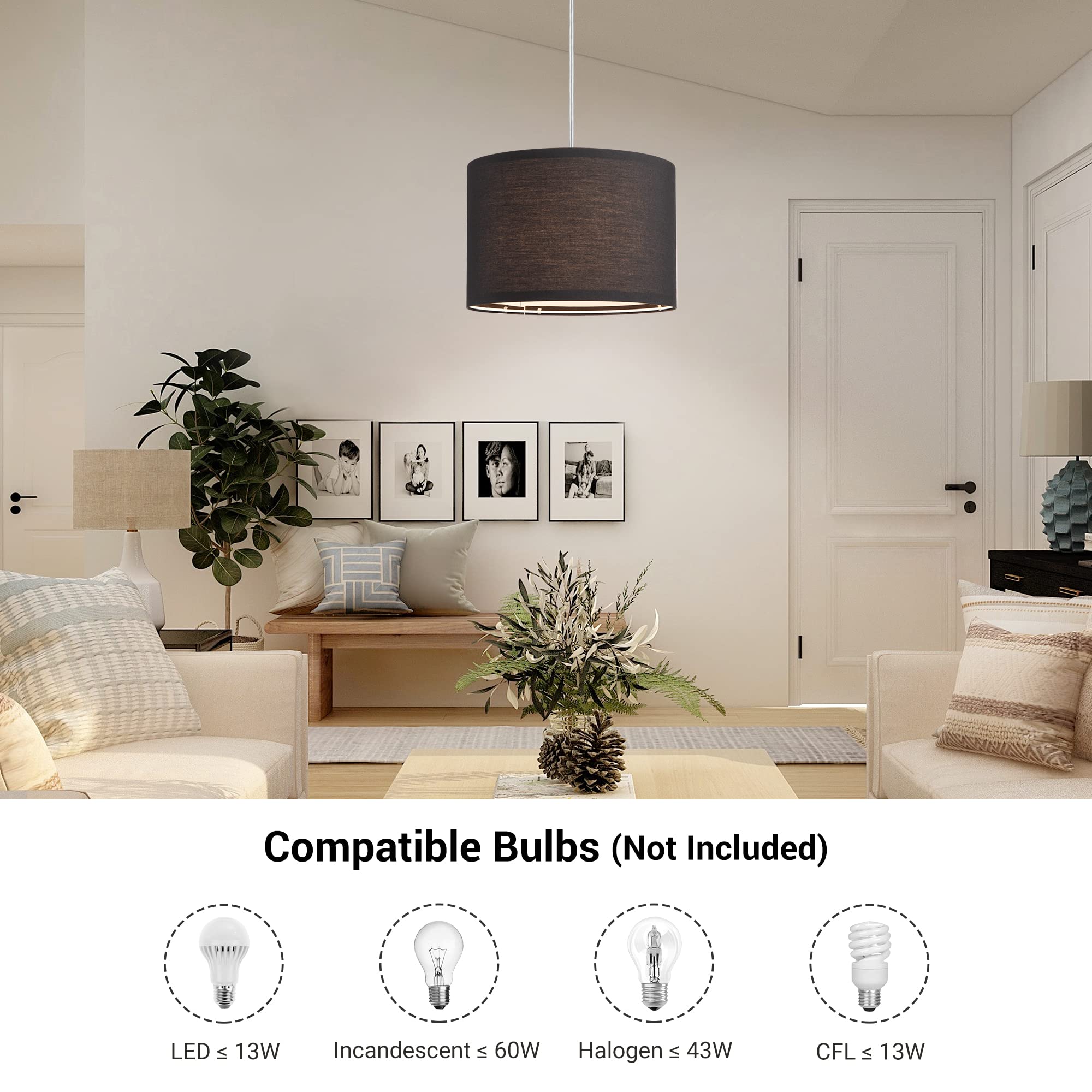 DEWENWILS Plug in Pendant Light, Hanging Light with 15Ft Clear Cord, On/Off Switch, with Black Fabric Lampshade, Hanging Light Fixture for Bedroom, Kitchen, Living Room, Dining Table
