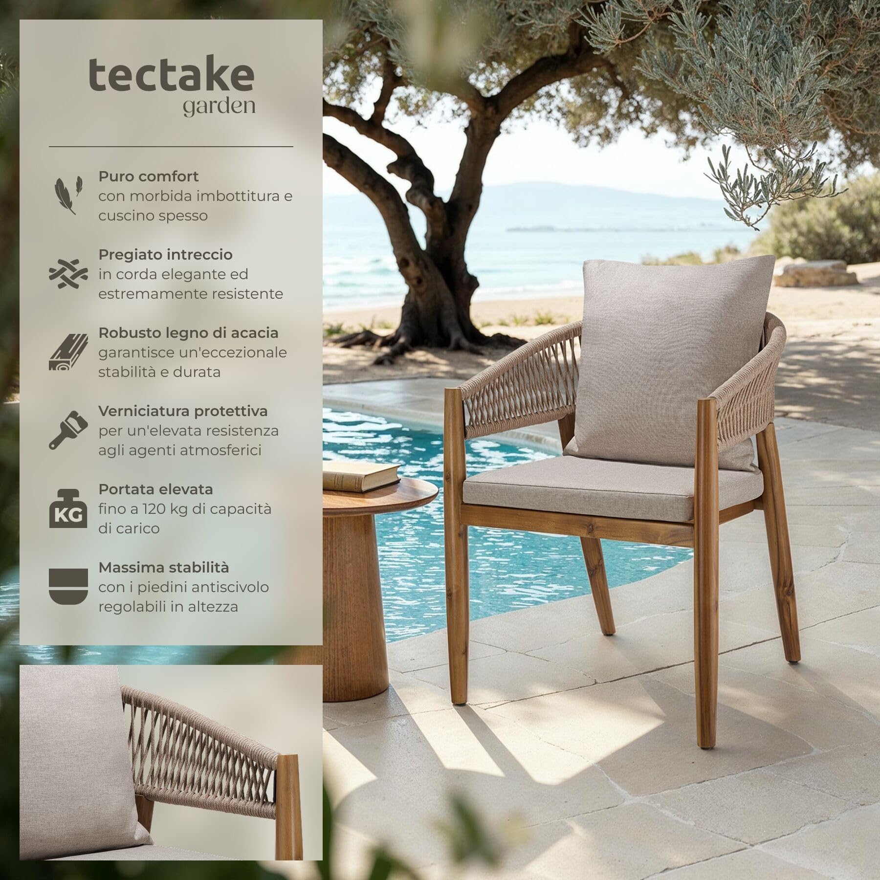 Tectake Set di 6 Sedie da Giardino Poltrona Design a Corda Sedia Struttura in Acacia Cuscini Spessi Morbidi Rivestimenti Idrorepellenti Lavabili Piedini Regolabili Sabbia