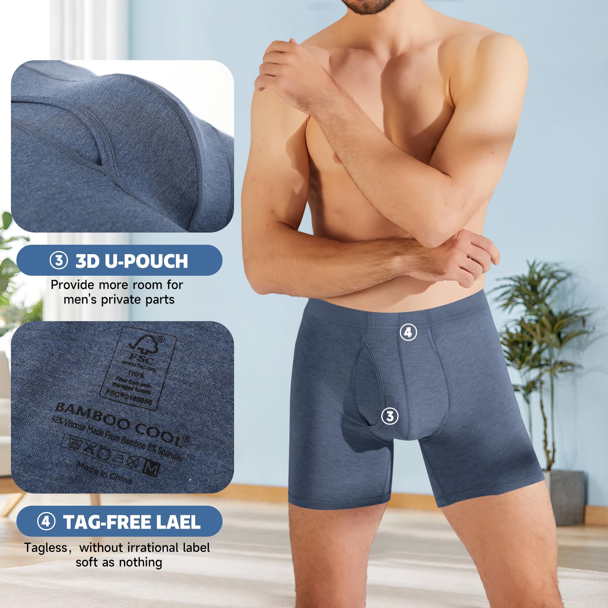 BAMBOO COOL Calzoncillos tipo bóxer para hombre, suaves, transpirables, largos, calzoncillos tipo bóxer para hombre