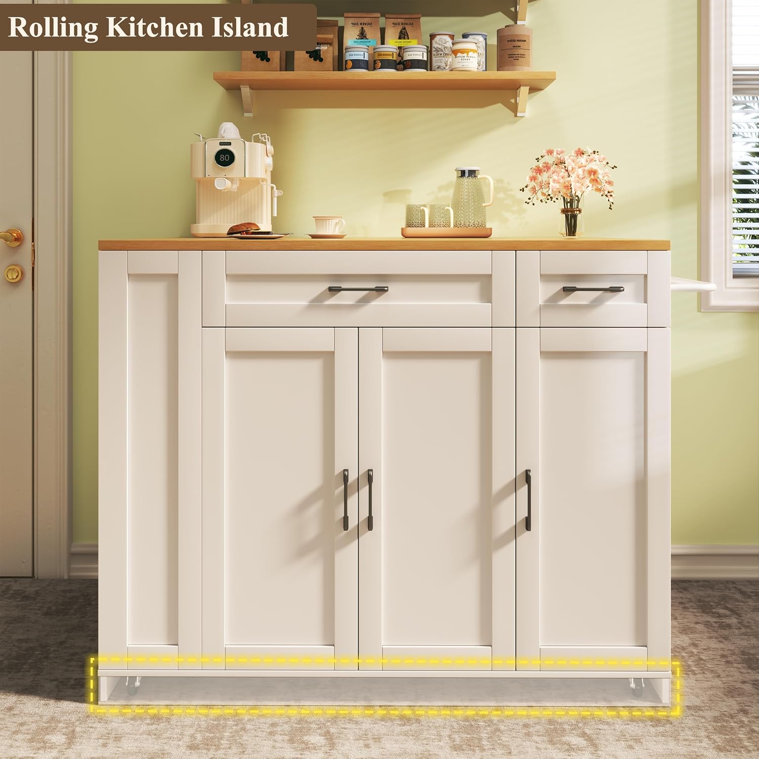 HUAHUU Rolling Kitchen Island with Storage and Seating, 43" Kitchen Island on Hidden Wheels with Drop Leaf, Bar Stools, Large Cabinet, Adjustable Shelf, Spice & Towel Rack and Drawers, White