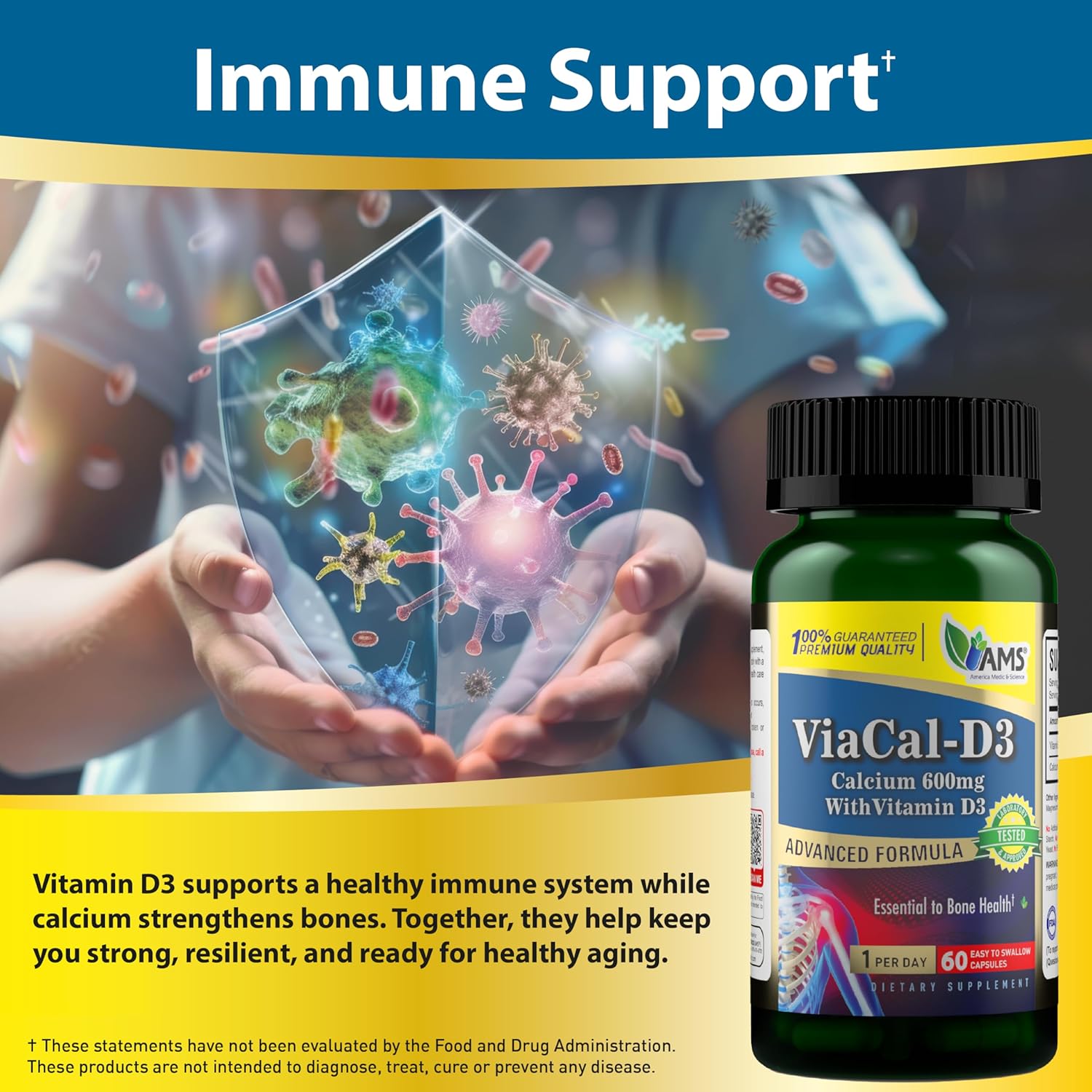 America Medic & Science ViaCal-D3 – Calcium 600mg with Vitamin D3 – Supports Bone Strength, Muscle Function & Mobility – Helps Maintain Healthy Calcium Levels for Overall Wellness – 60 Capsules