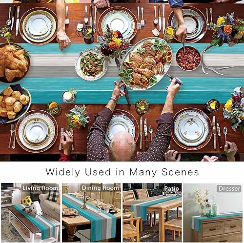 Miniatura 148 de Camino de mesa de algodón y lino estilo granja rústico retro, textura de madera de granero, color degradado marrón y gris, antideslizante,