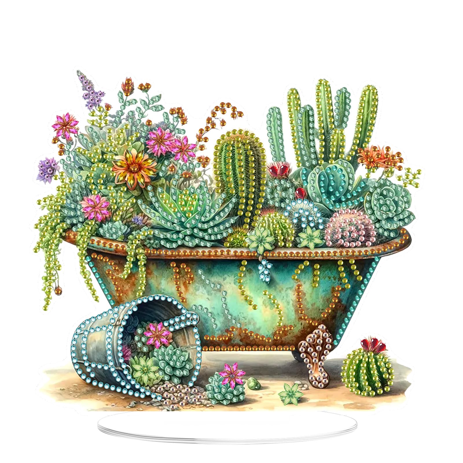 EOBROMD Flowers Diamond Art Desktop Ornament Kit, 5D Cactus Diamond Painting Kits for Adults, Special Shape Diamond Crystal Art Kits for Table Decor Gifts