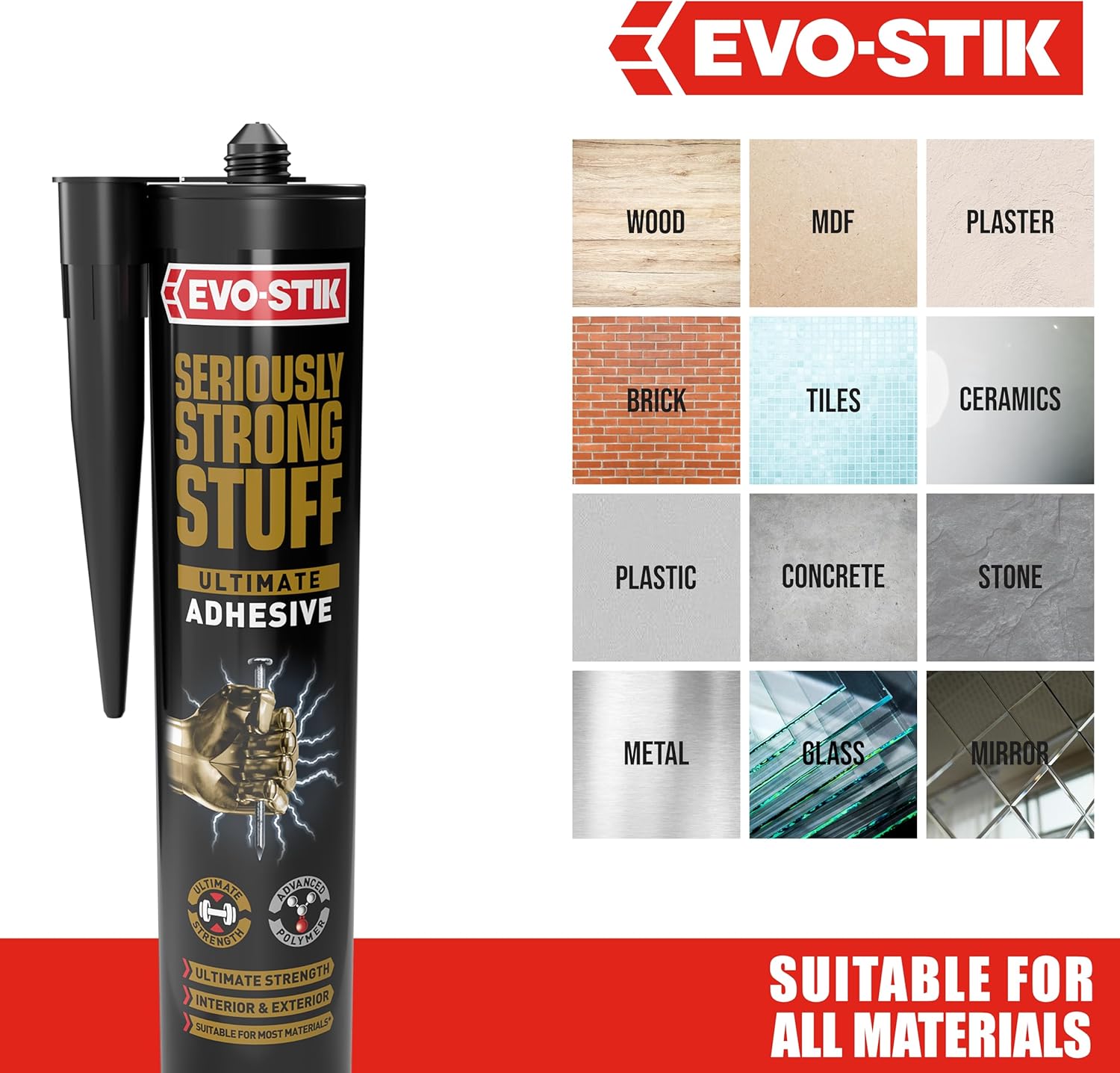 EVO-STIK Seriously Strong Stuff Ultimate Adhesive, Holds up to 150 Tonnes, Waterproof, Colour: White, Size: 290ml