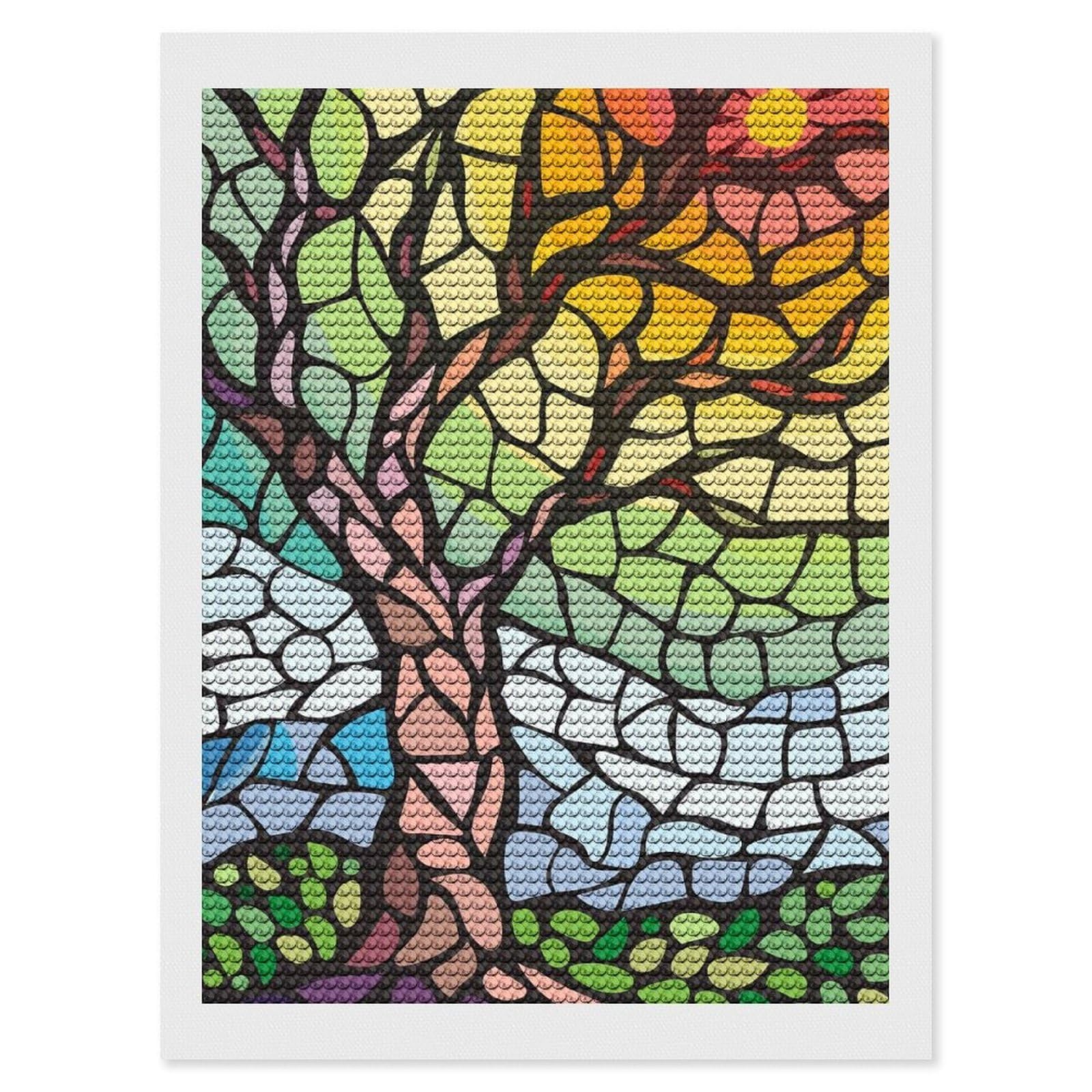 Junmoney Stained Glass Tree with Sun Diamond Art Canvas 12"x16", Easy to Follow Symbols, Finish and Display, Fun Craft Experience, Aesthetic Room Decor