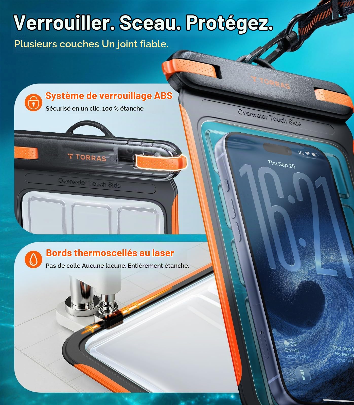 TORRAS IP68 Pochette Téléphone Portable Étanche [Double Poche], Housse sous-Marine Imperméable pour Natation Et Plongée Profonde, pour Smartphones Jusqu’à 7,9 Pouces – Noir