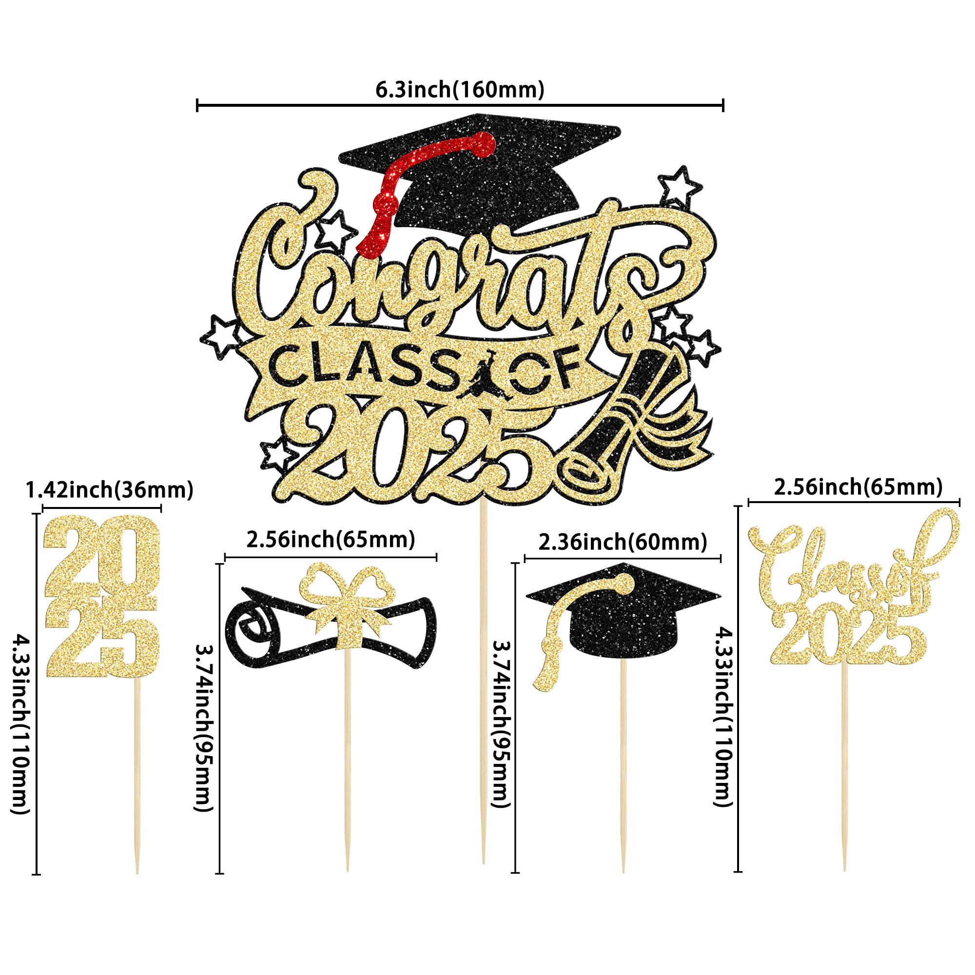 Gyufise 25Pcs Graduation Cupcake Toppers Congrats Grad Class of 2025 Cake Decoration for We Are Proud of You Themed Graduation Cap Diploma Cake Decorations I’m Done Party Supplies Black Gold