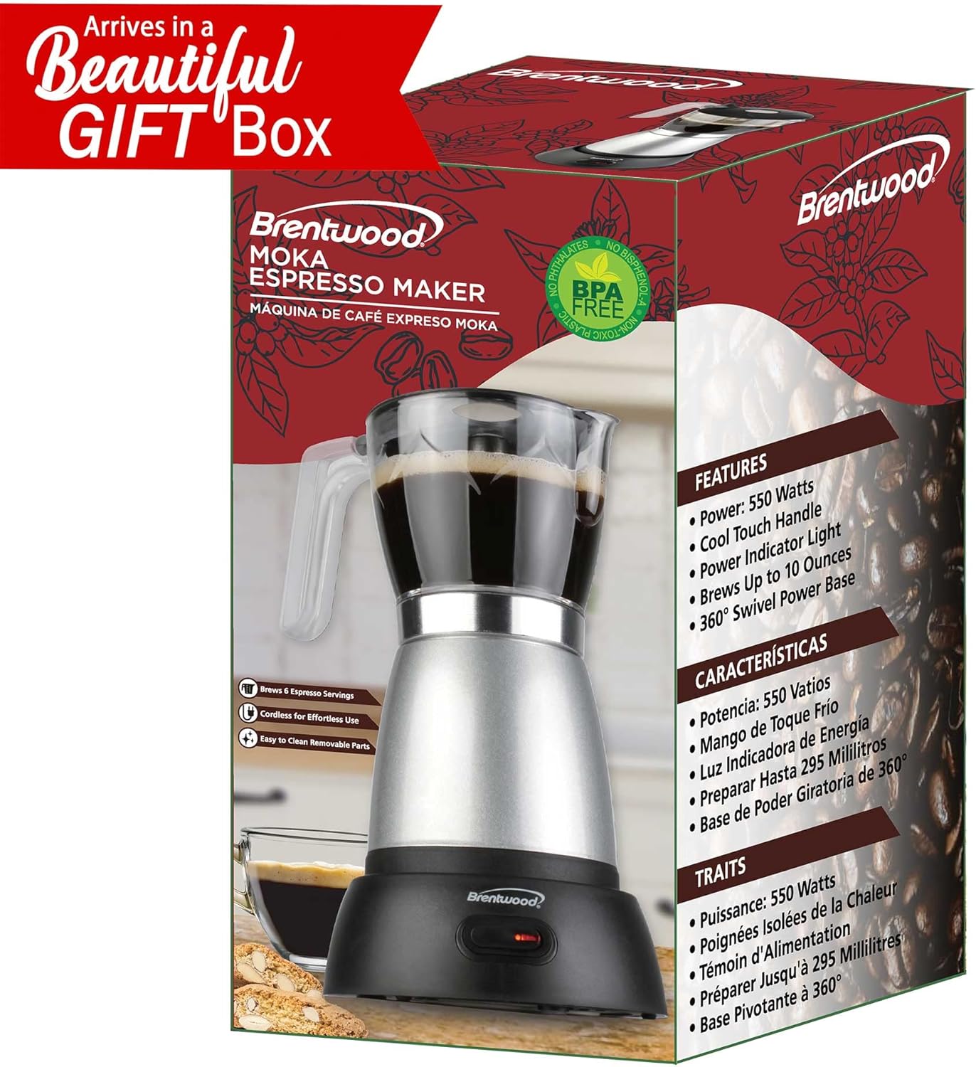 Brentwood TS-119S 550-Watt Cordless Electric Moka Pot Espresso Machine, 6-Servings (Silver)