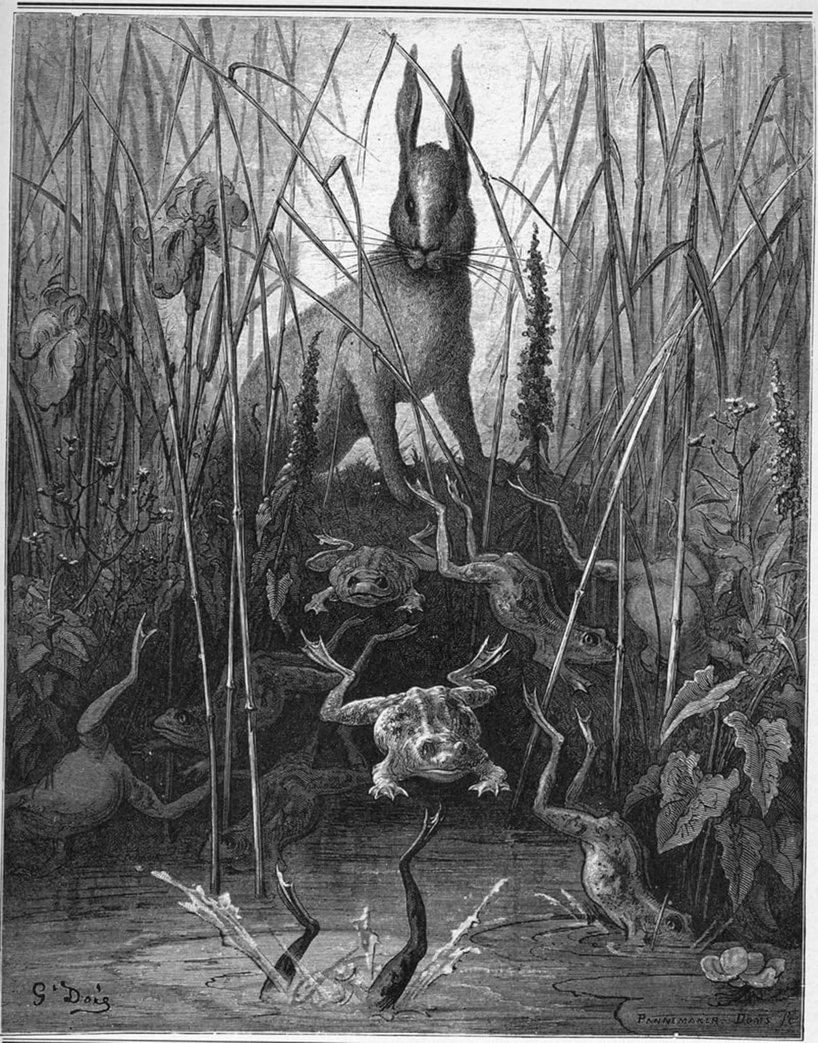 POSTERIIk Vintage Classic Picture Landscape Artwork the Hare and the Hares and the Frogs by Gustave Dore Portrait Canvas Painting for Office Home Decor 60x90cm