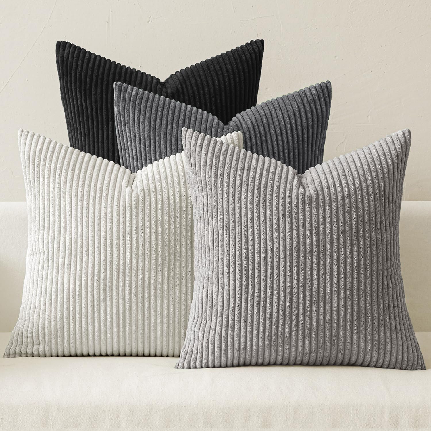 Cogavoo Set of 4 Corduroy Soft Striped Cushion Covers 45x45 cm ,Boho Decorative Square Throw Pillow Covers 18x18 Inch with Invisible Zipper for Sofa Couch Bedroom Decorative Fluffy Large Pillowcases