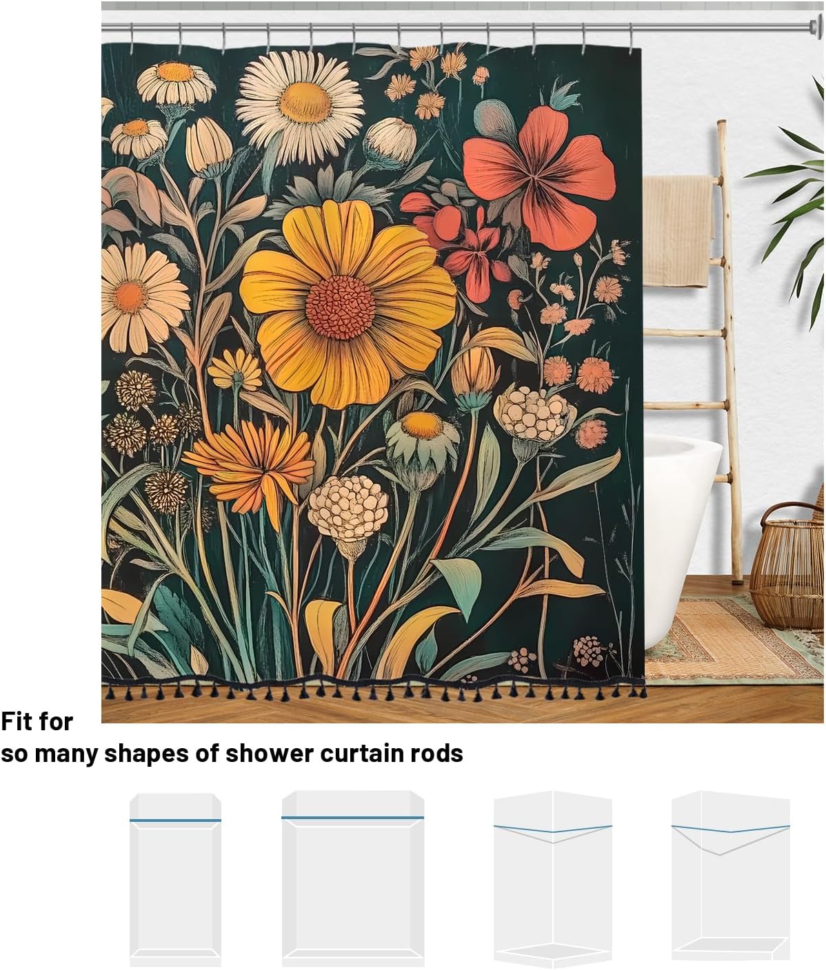 Boho Floral Shower Curtain with Tassels, Vintage Flower Farmhouse Tassel Shower Curtain for Bathroom 72x72 Inch Waterproof Fabric Set with 12 Hooks Bohemian Country Bath Curtain Bathtub Decor