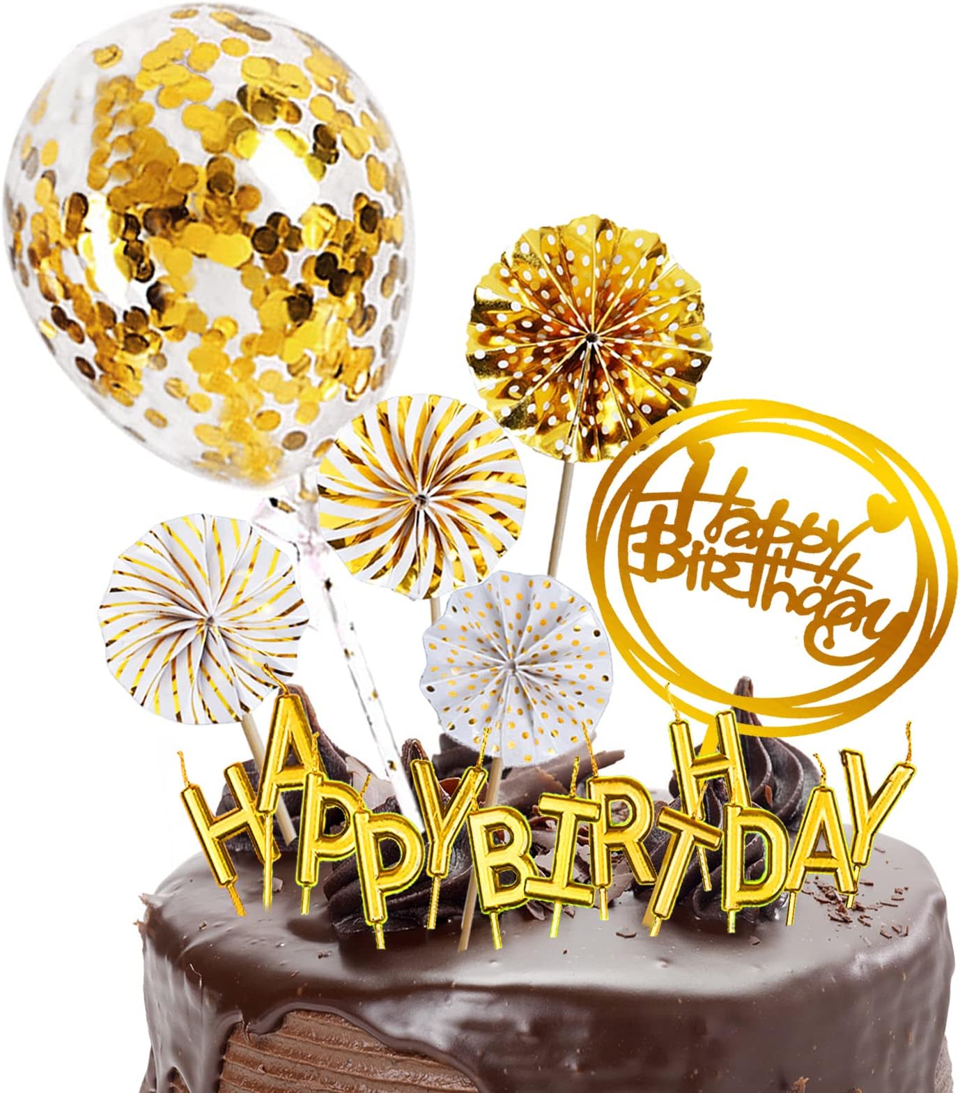 IEALODSGold Cake Topper Decoration with Happy Birthday Candles, Acrylic Birthday Cake Topper, Confetti Balloon and Paper Fans for Gold Theme Party Decor Women Man Girls Boys
