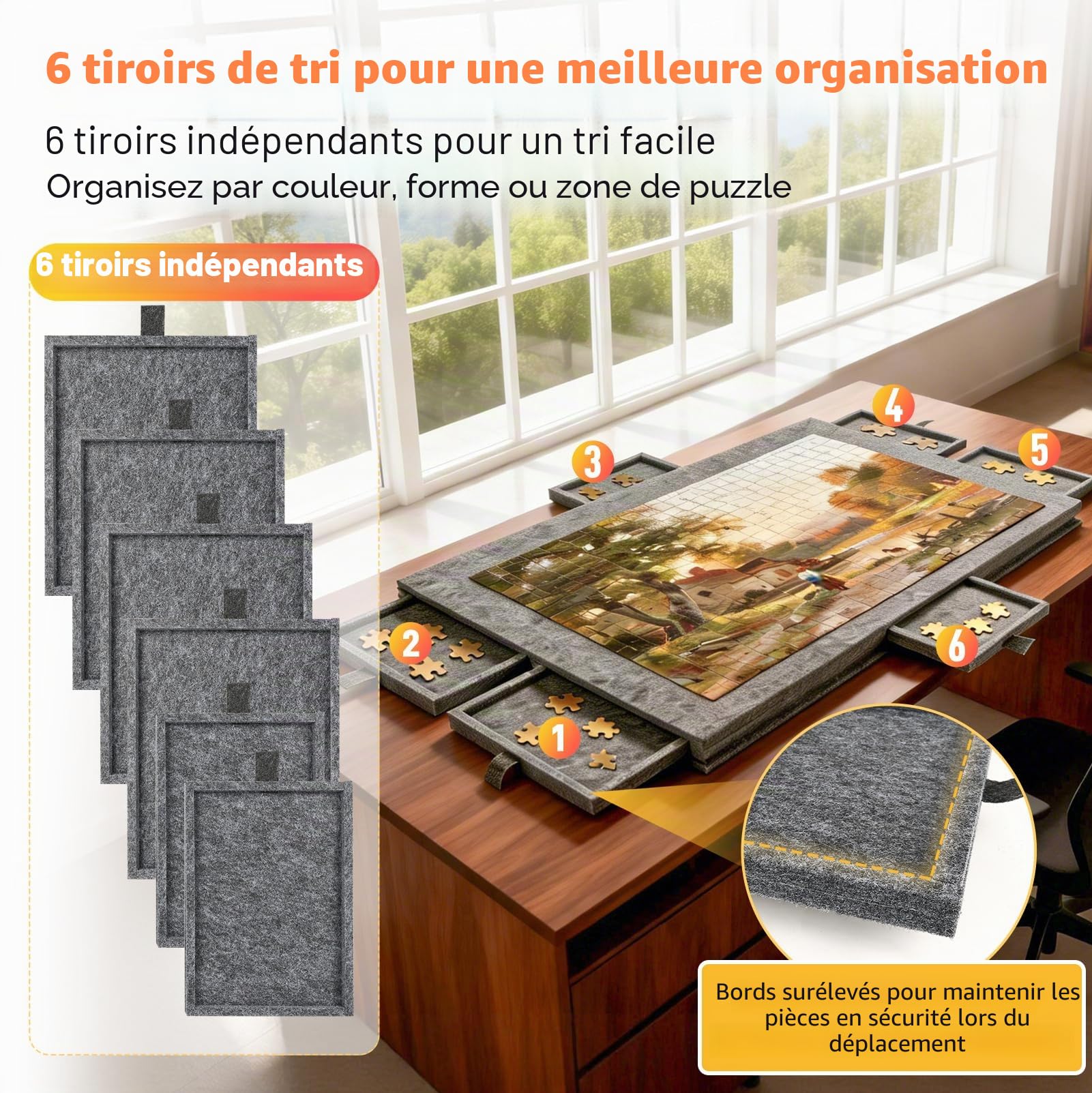 Tableau de Puzzle Inclinable, Plateau Puzzle pour 1000 Pièces avec Tiroirs | Tableaux de Puzzle et Tapis de Rangement avec 6 Tiroirs, Support/Housse Anti-Poussière 2 en 1, Surface en Feutre, Portable