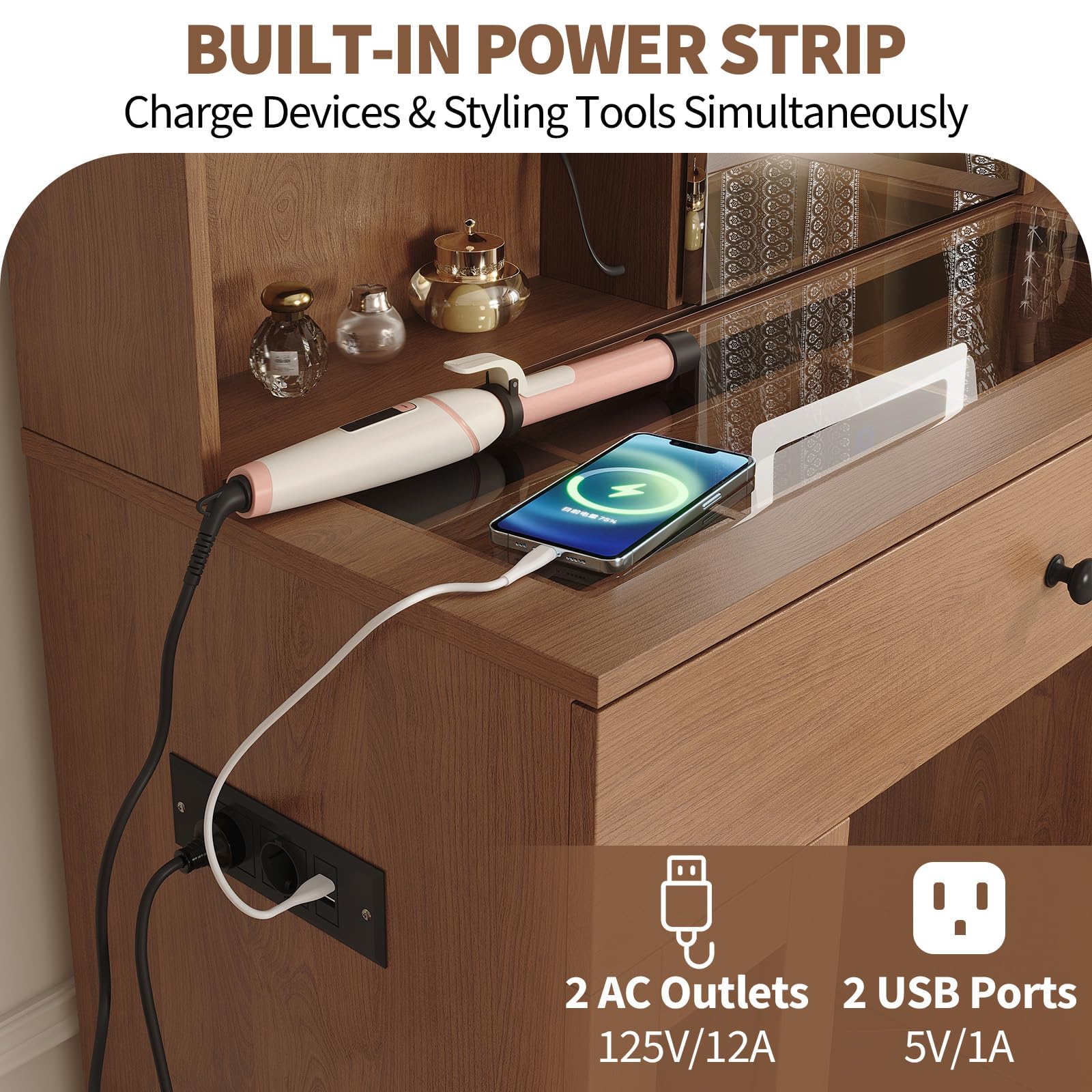 Schminktisch mit Spiegel und Beleuchtung Eleganter Schminktisch mit Schubladen & Schränken, Stauraum, robuster MDF, dimmbaren Leuchten, Steckdosen & USB-Anschlüssen (Natürlich / LED Schiebespiegel)